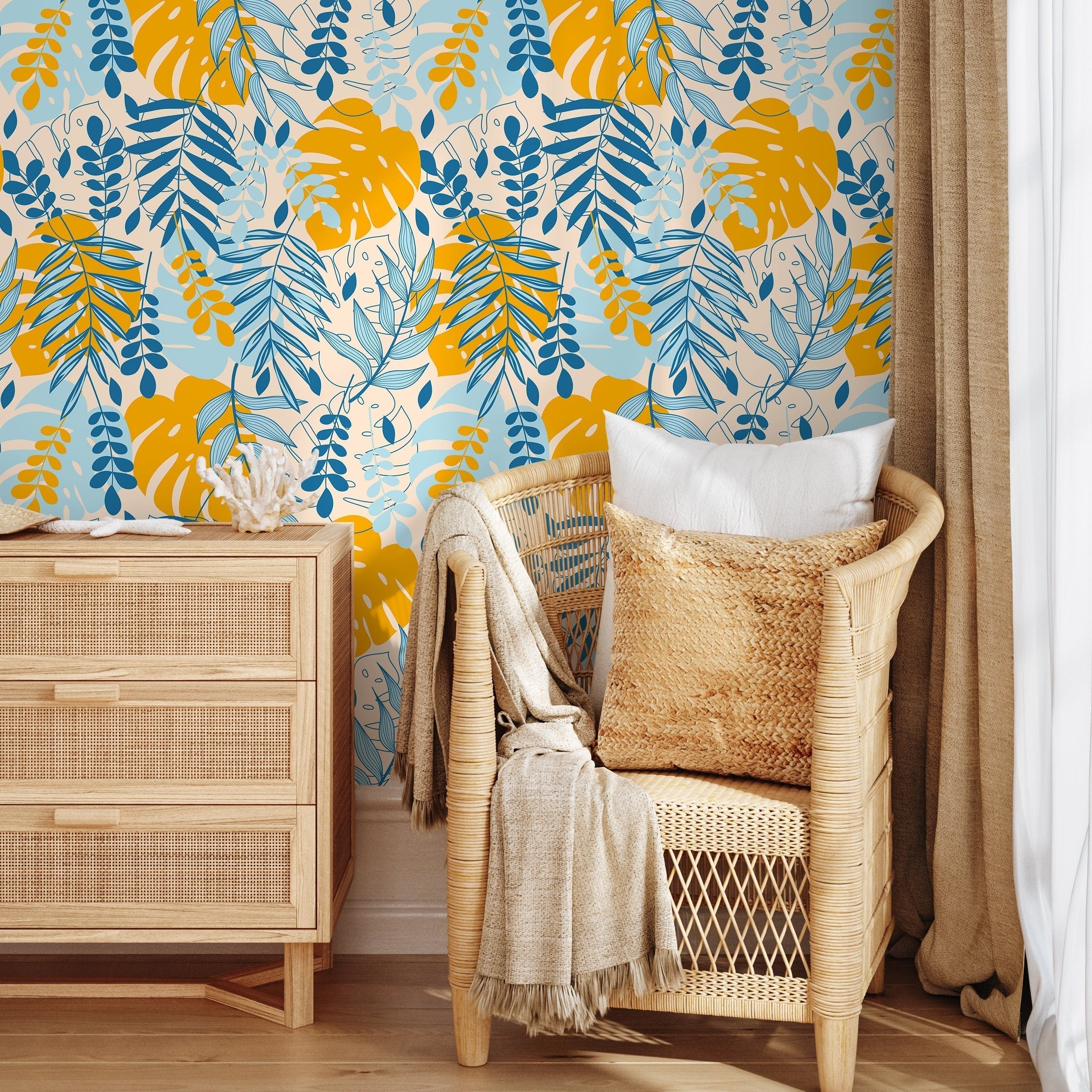 Tropical Wallpaper With A Boho Leaf Motif In Yellow And Blue - A808
