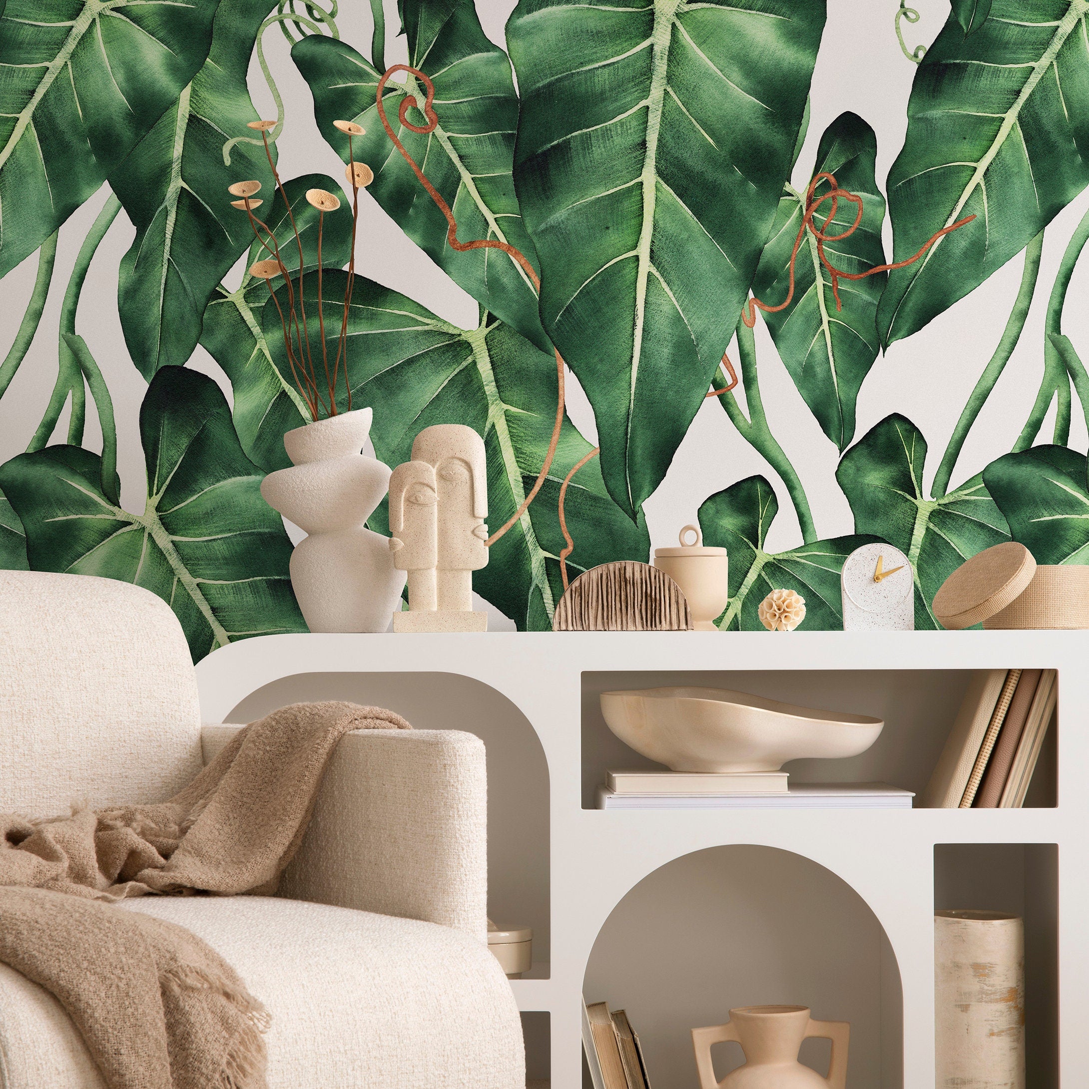 Tropical Wallpaper Featuring Lush Watercolor Leaves In Green And Brown - A842