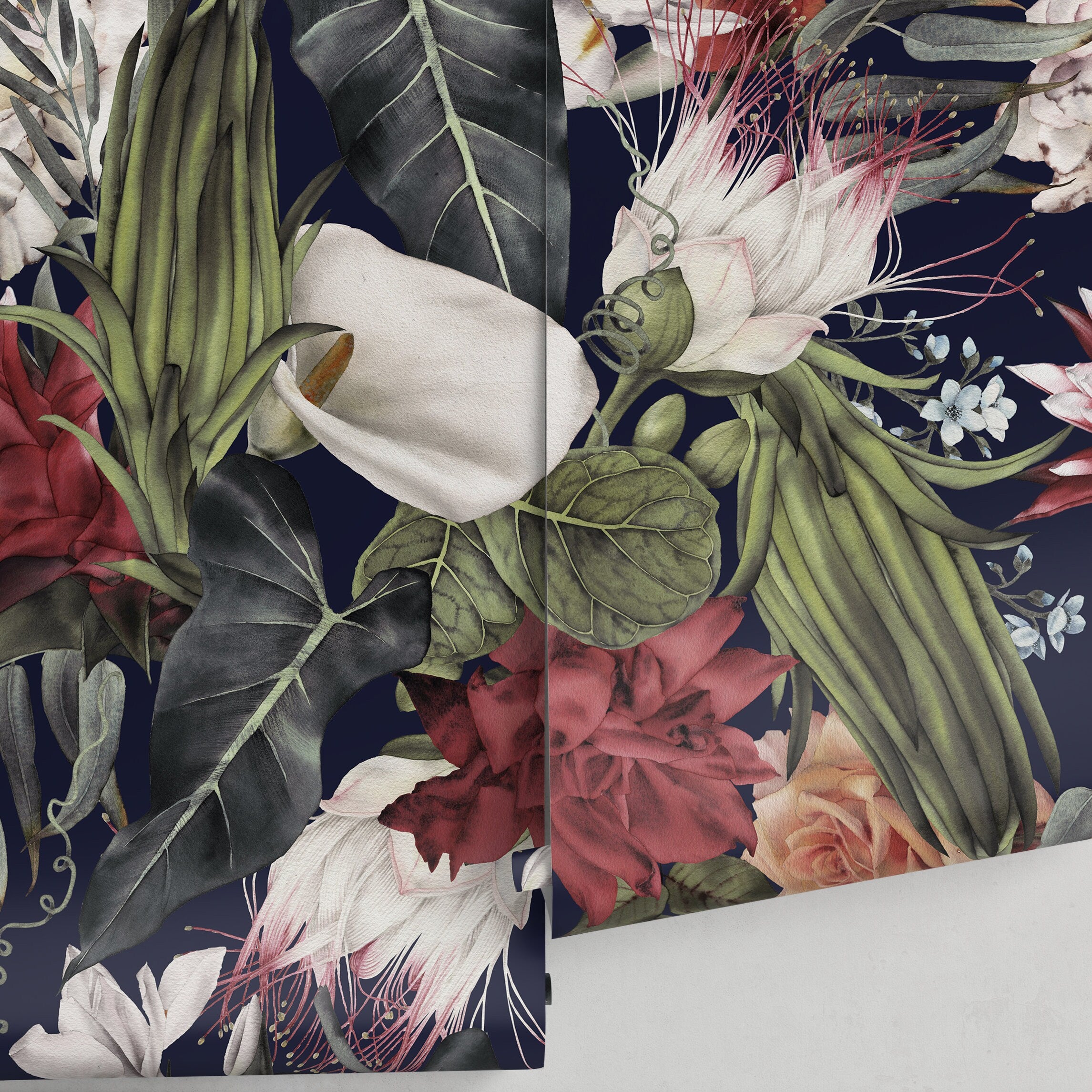 Dark Floral Wallpaper With Moody Roses In Red, Green, And Peach - A845