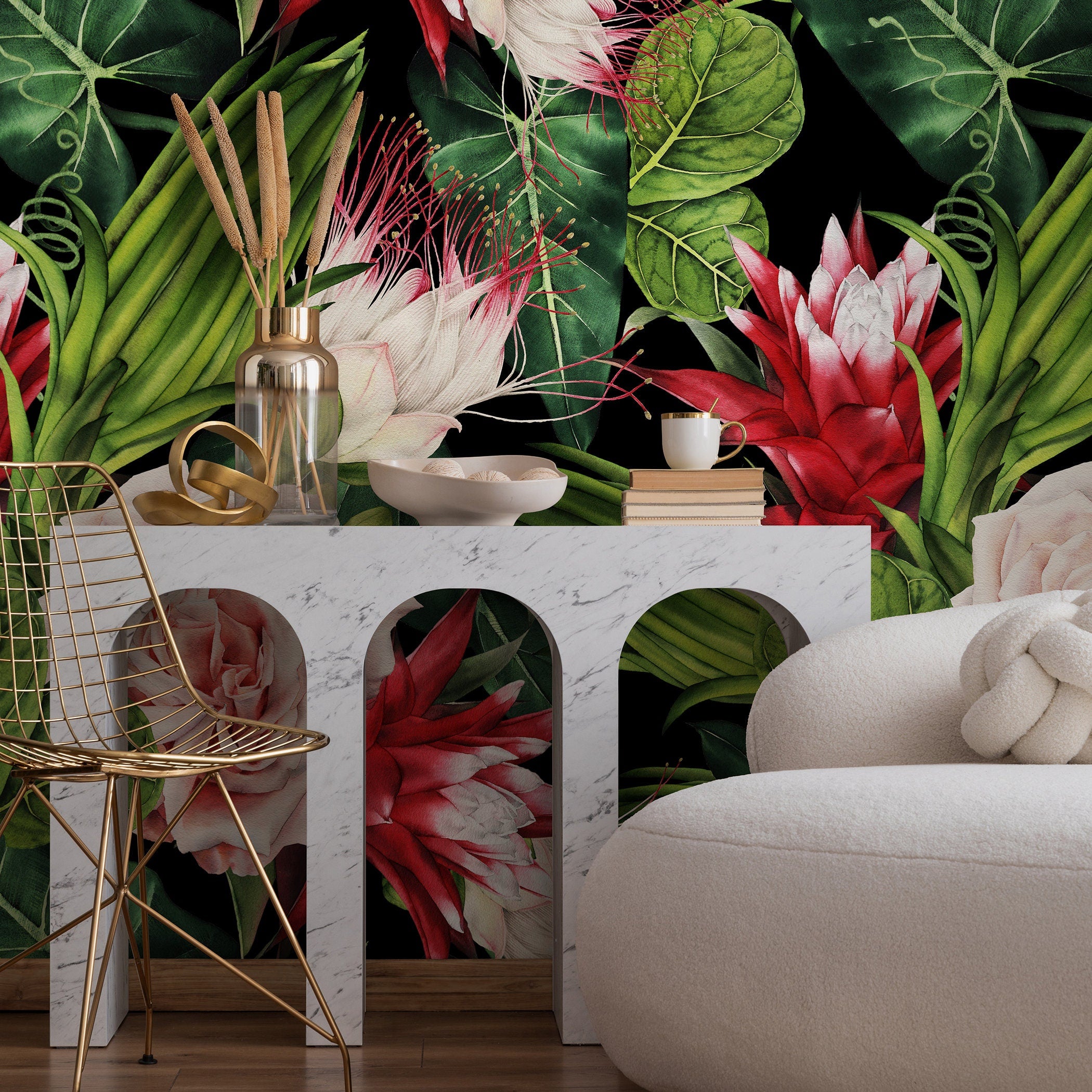 Botanical Wallpaper With Tropical Roses And Exotic Blooms In Pink, Red, And Green - A847