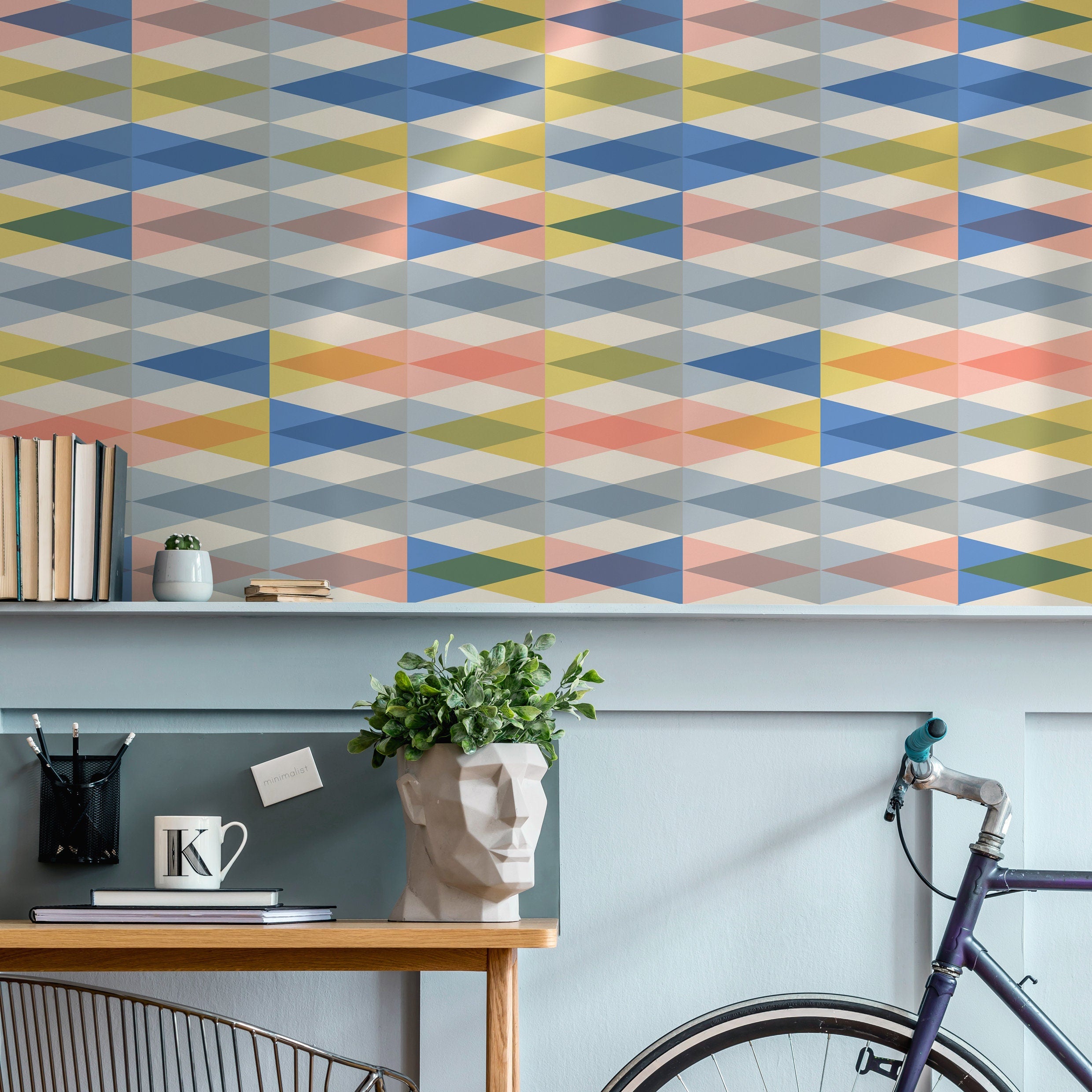 Geometric Wallpaper With A Colorful Diamond Motif In Blue, Yellow, And Pink - D992