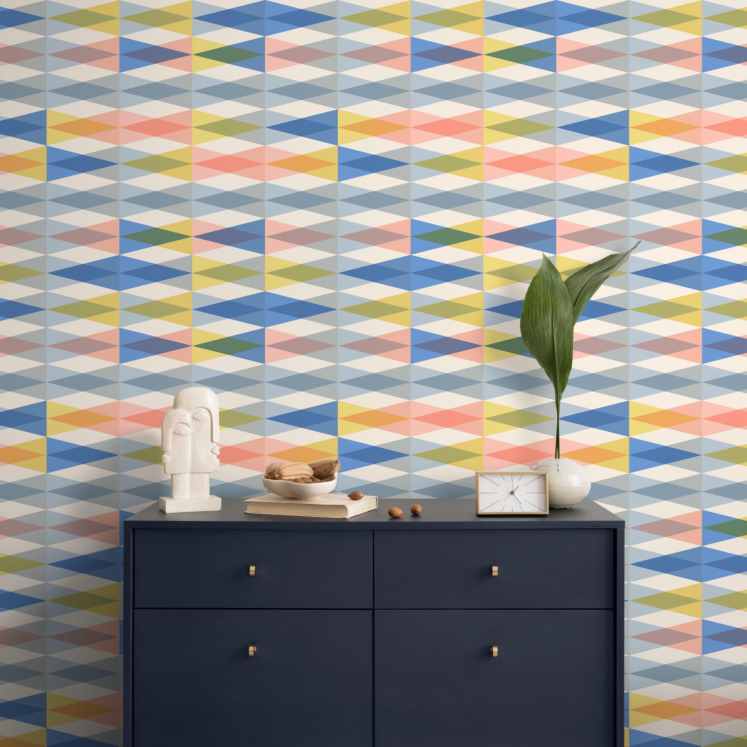 Geometric Wallpaper With A Colorful Diamond Motif In Blue, Yellow, And Pink - D992