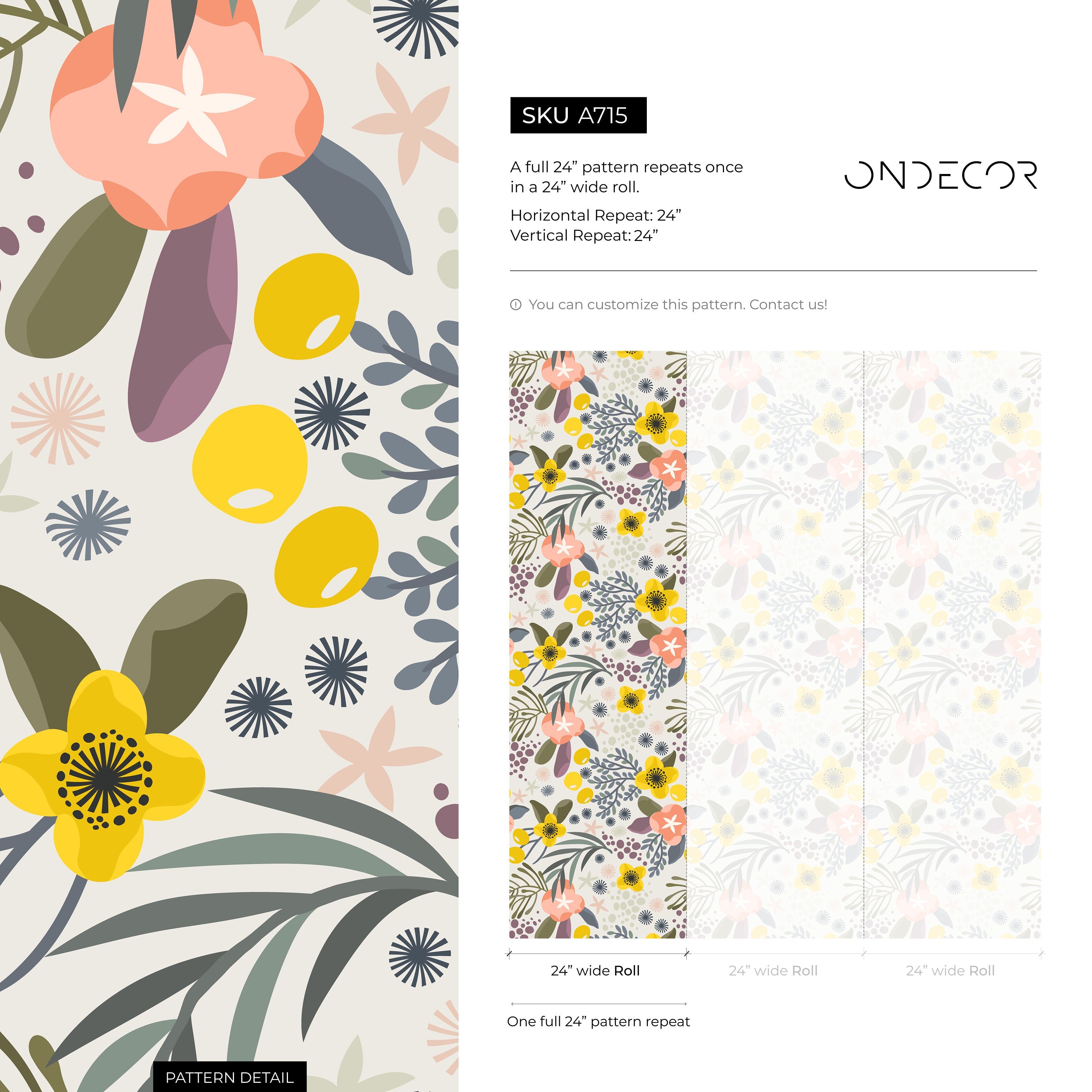 Floral Wallpaper With A Folk Art Motif In Yellow, Pink, And Green - A715