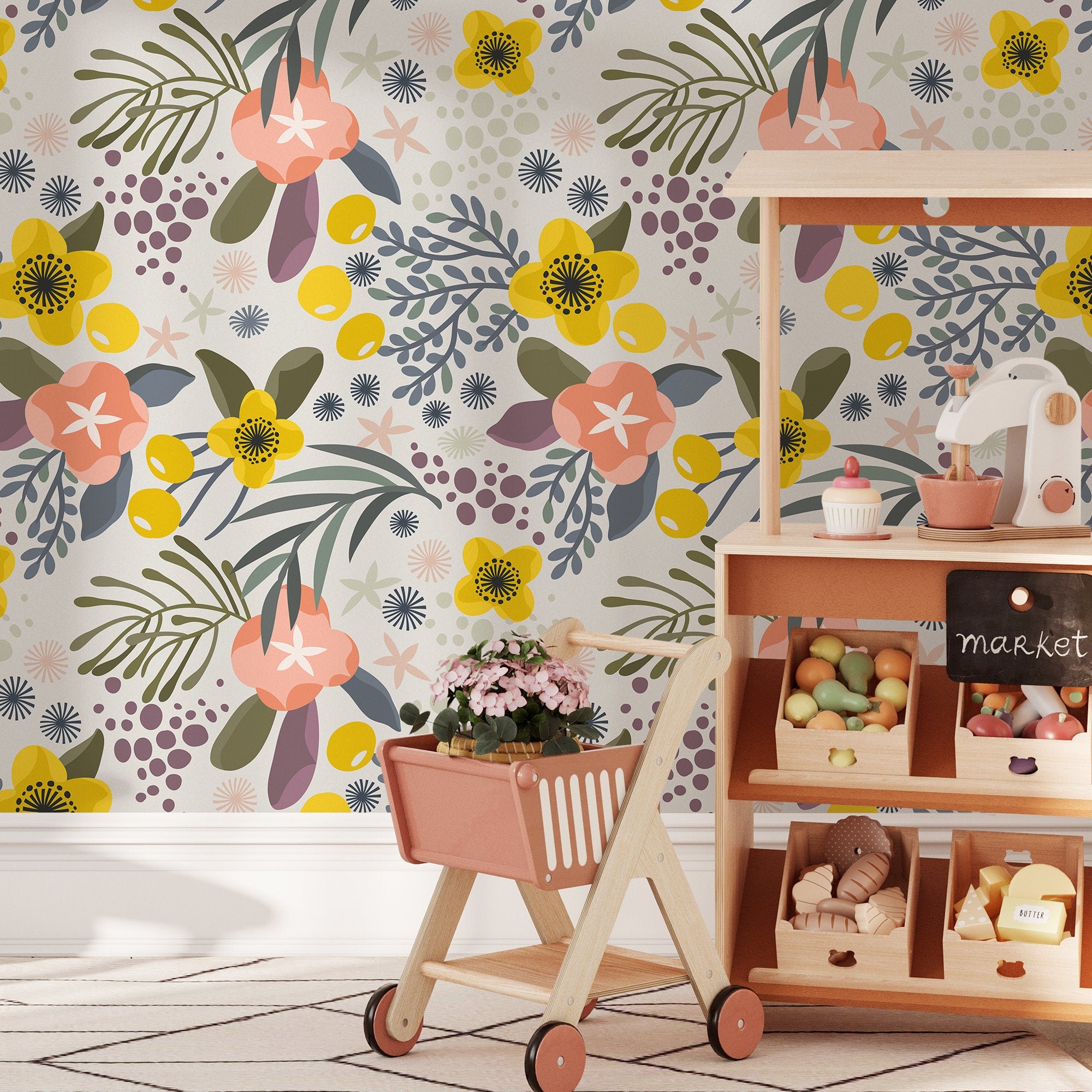 Floral Wallpaper With A Folk Art Motif In Yellow, Pink, And Green - A715