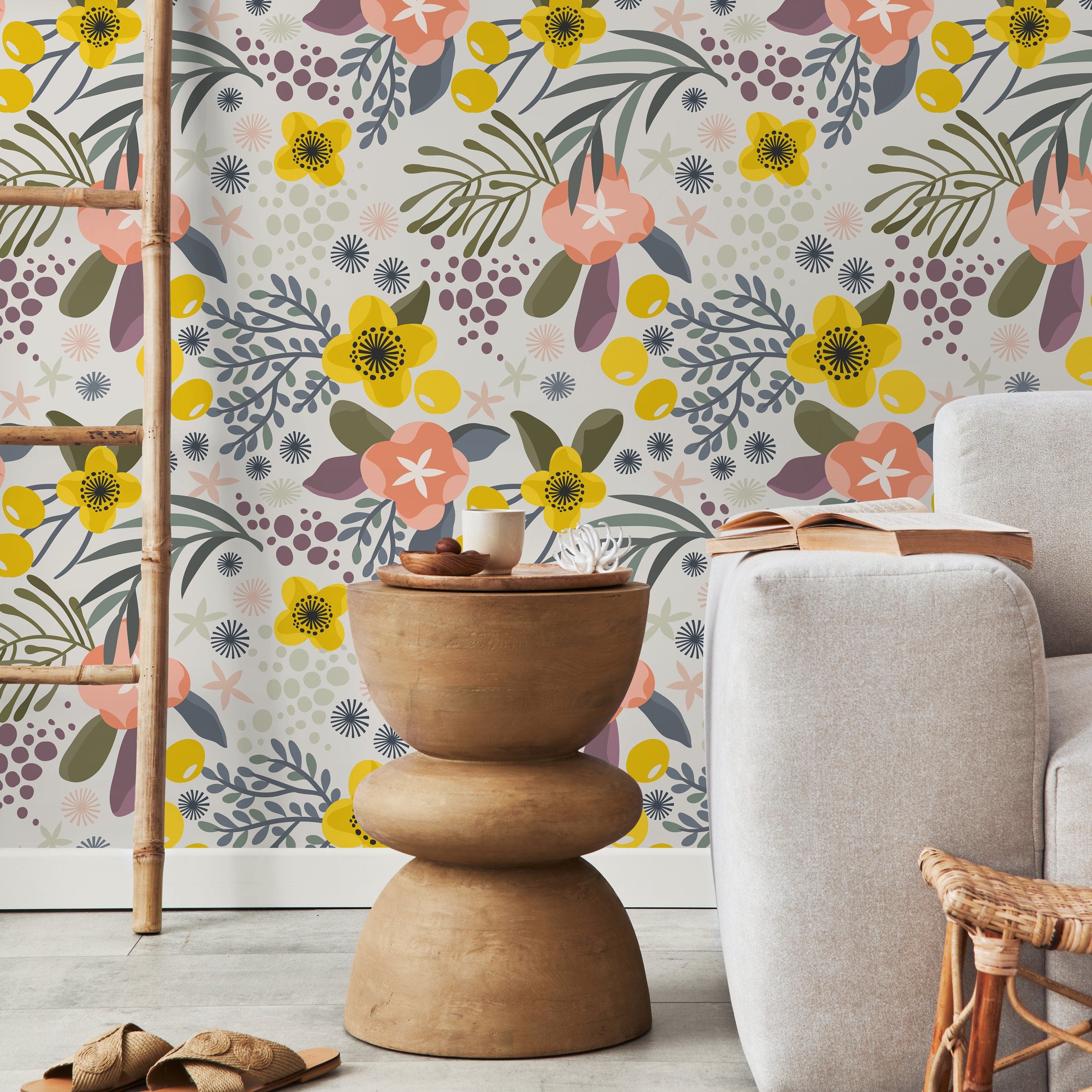 Floral Wallpaper With A Folk Art Motif In Yellow, Pink, And Green - A715