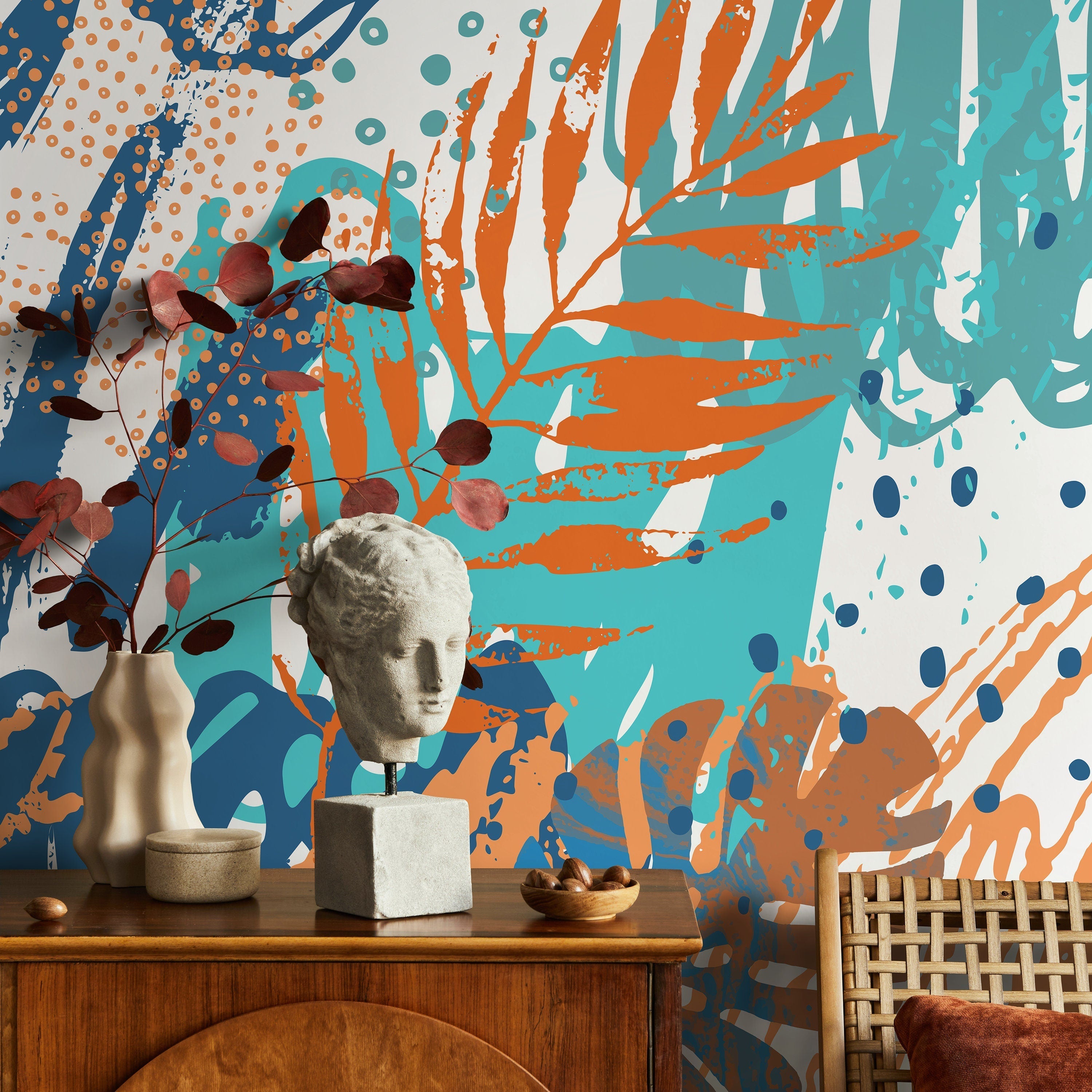 Tropical Wallpaper With Abstract Palm Leaves In Blue, Orange, And Teal - A955