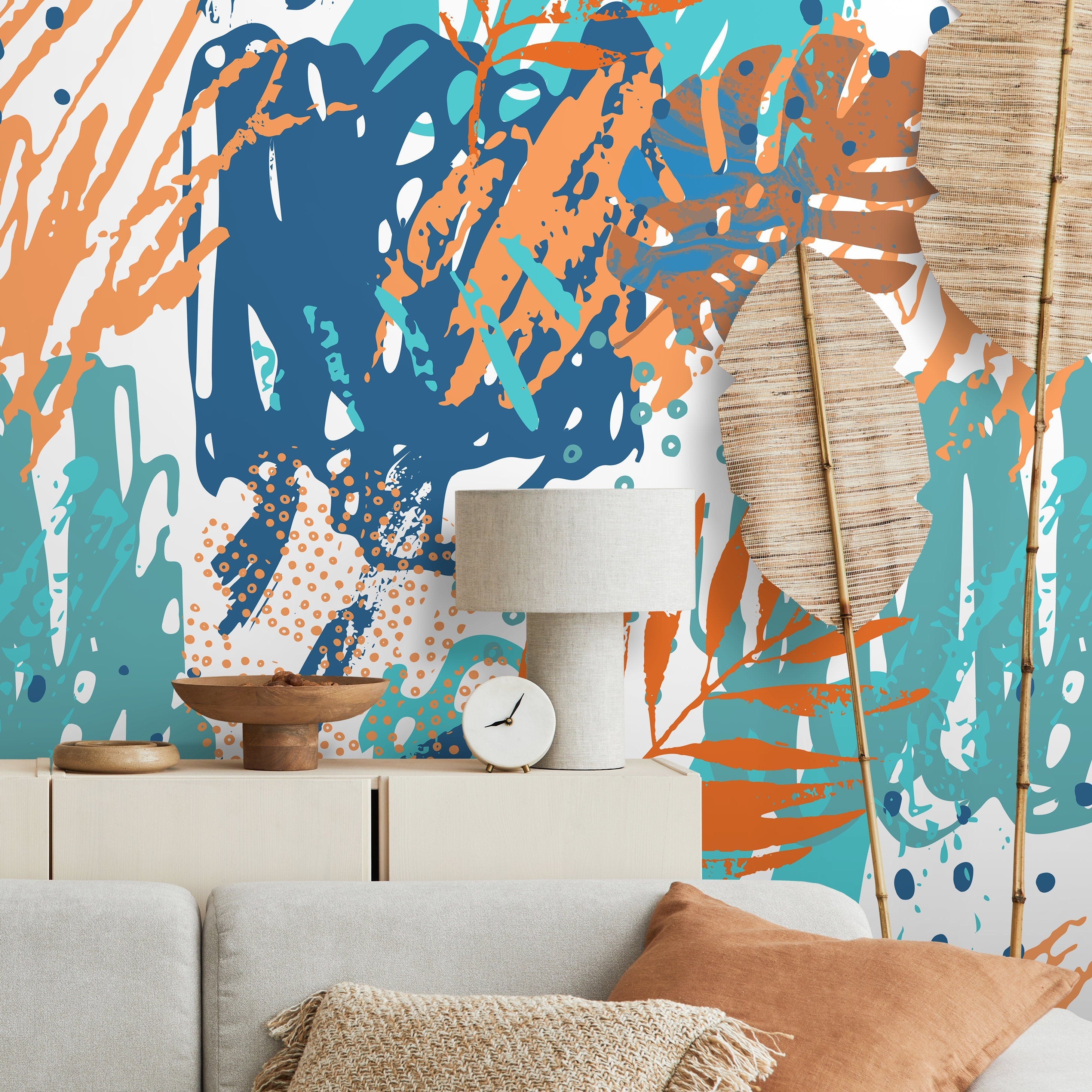 Tropical Wallpaper With Abstract Palm Leaves In Blue, Orange, And Teal - A955