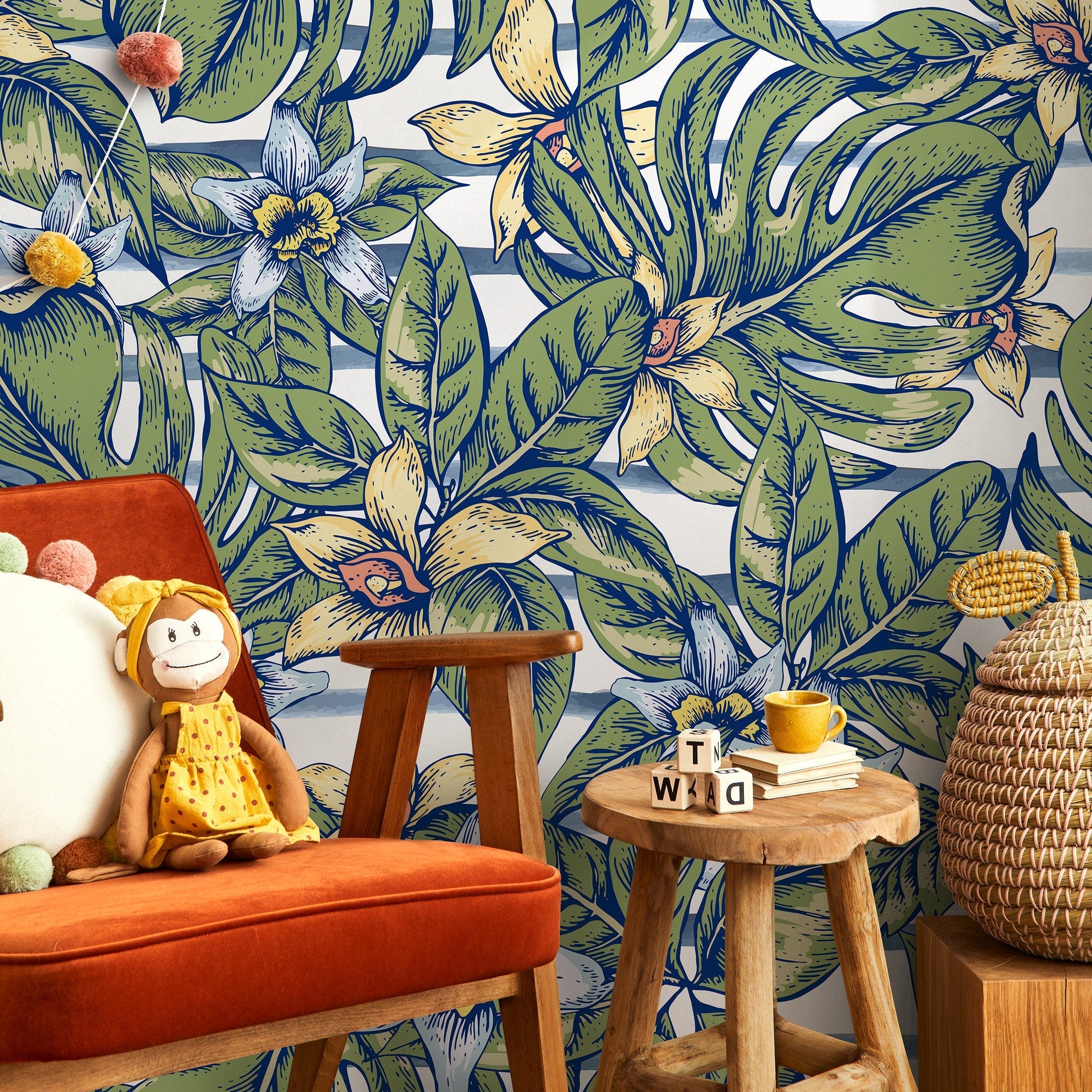 Botanical Wallpaper With Monstera Leaves And Flowers In Green, Blue, And Yellow - A969