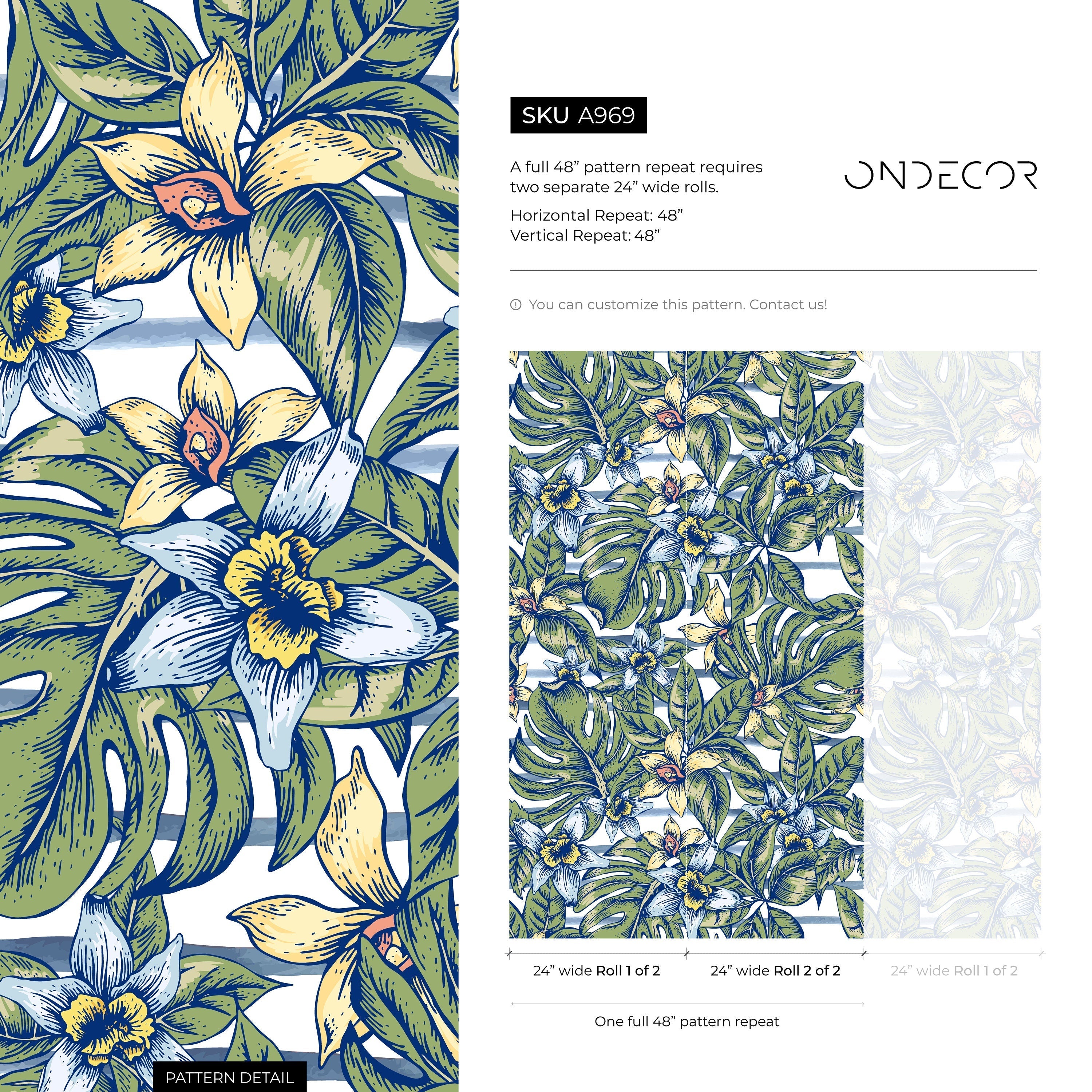 Botanical Wallpaper With Monstera Leaves And Flowers In Green, Blue, And Yellow - A969