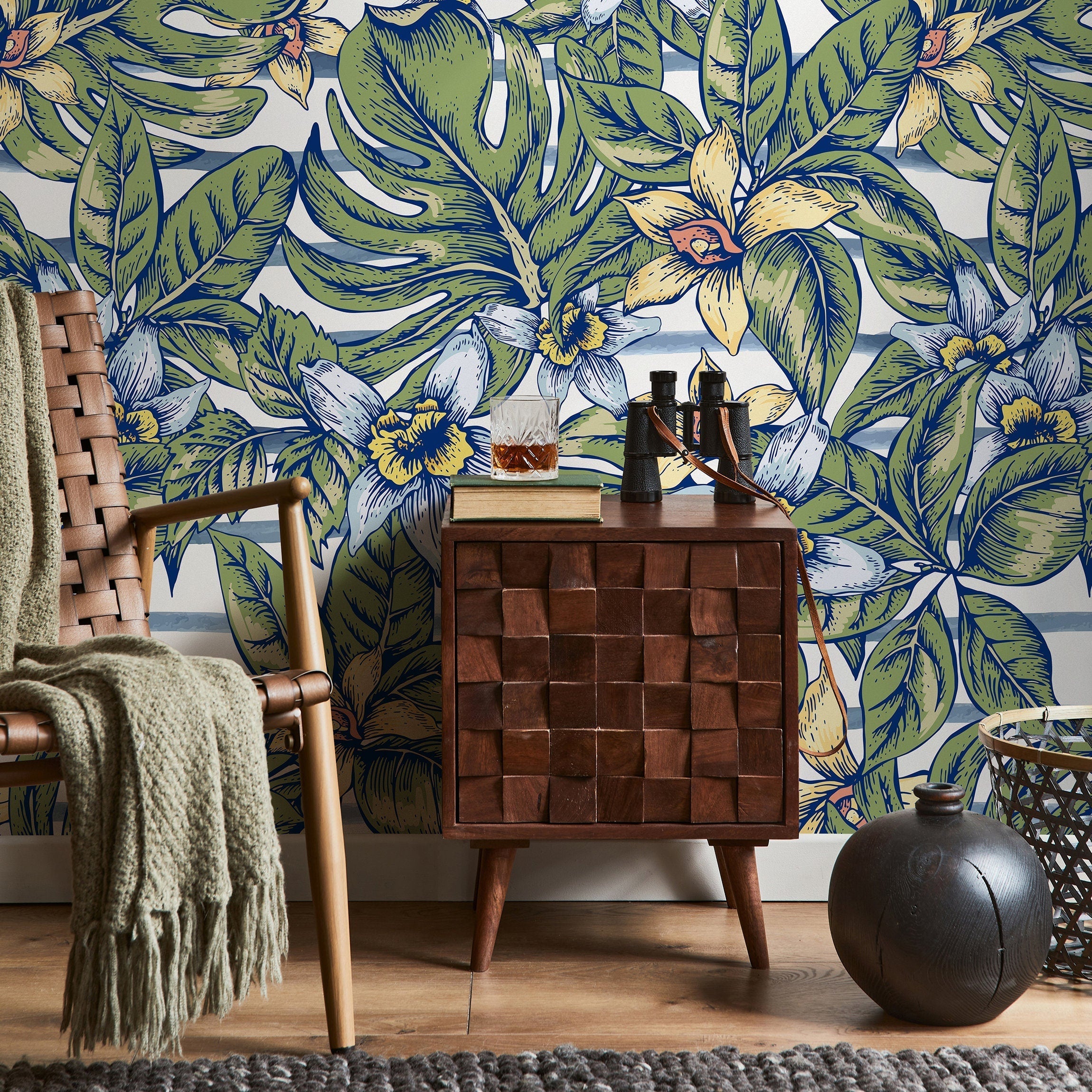 Botanical Wallpaper With Monstera Leaves And Flowers In Green, Blue, And Yellow - A969