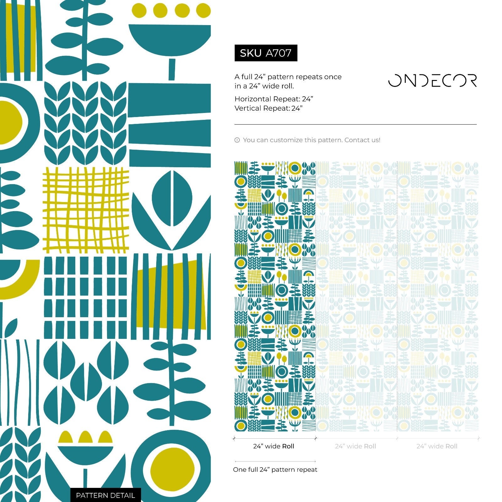 Scandinavian Wallpaper With A Block Print Botanical Motif In Teal And Yellow - A707