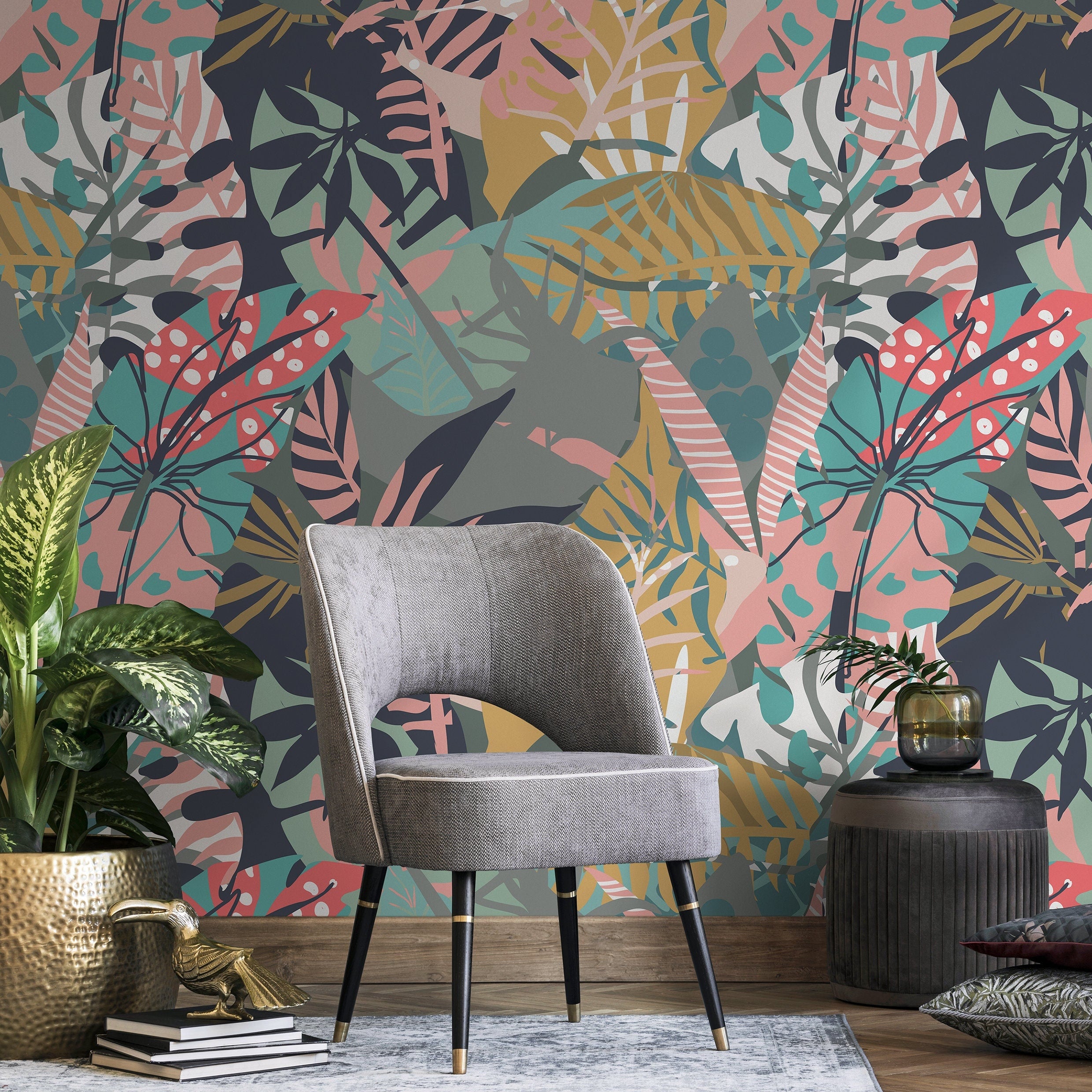 Botanical Wallpaper Featuring Stylized Tropical Leaves In Teal, Pink, And Gold - A712