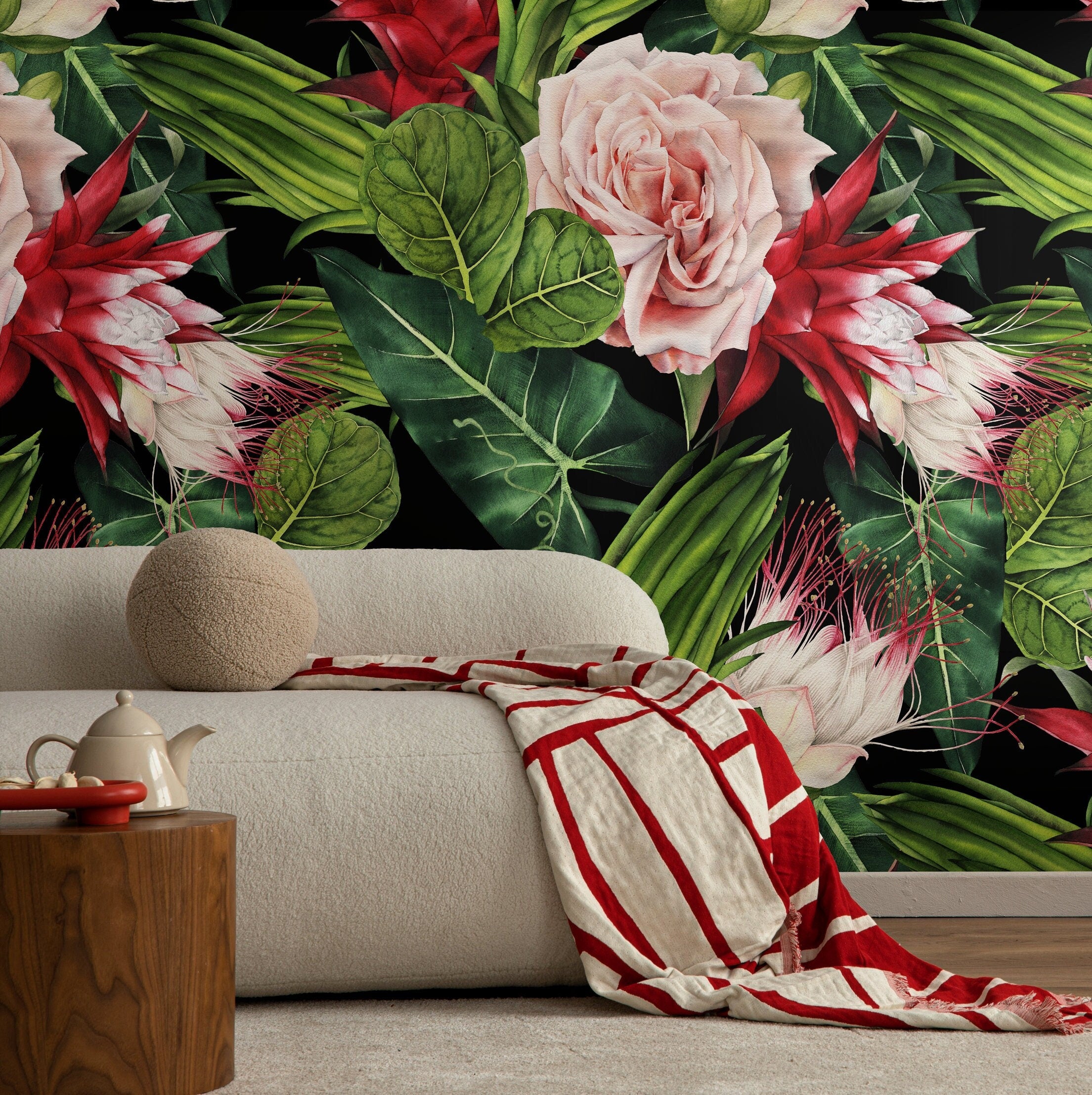 Botanical Wallpaper With Tropical Roses And Exotic Blooms In Pink, Red, And Green - A847