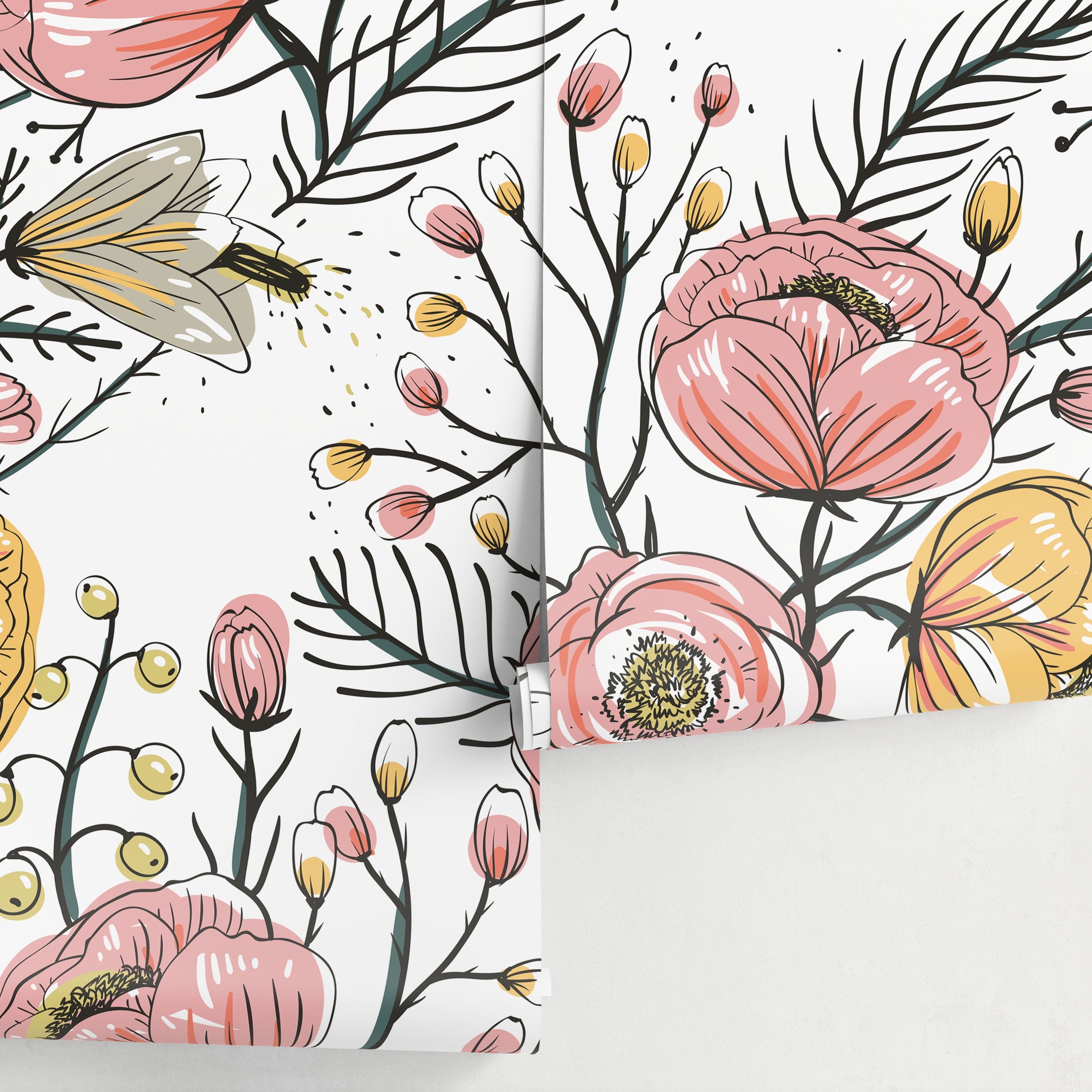 Floral Wallpaper Featuring Hand-drawn Blooms In Pink, Yellow, And Green - A486
