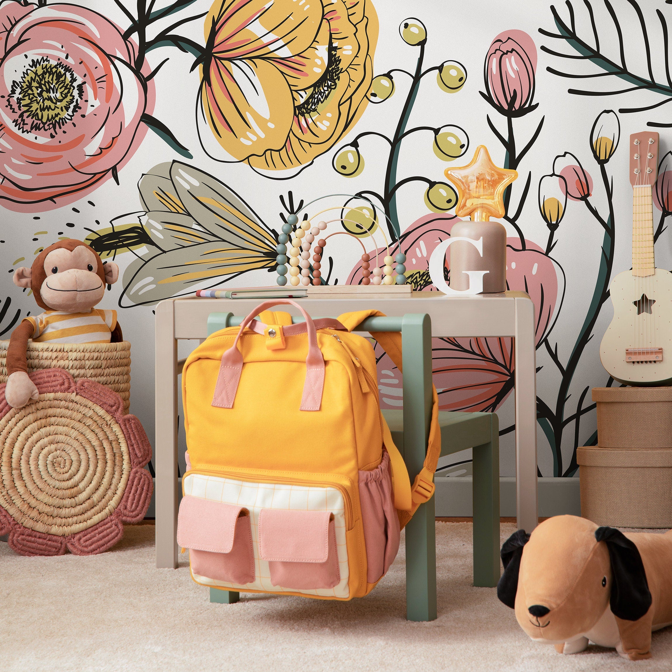 Floral Wallpaper Featuring Hand-drawn Blooms In Pink, Yellow, And Green - A486