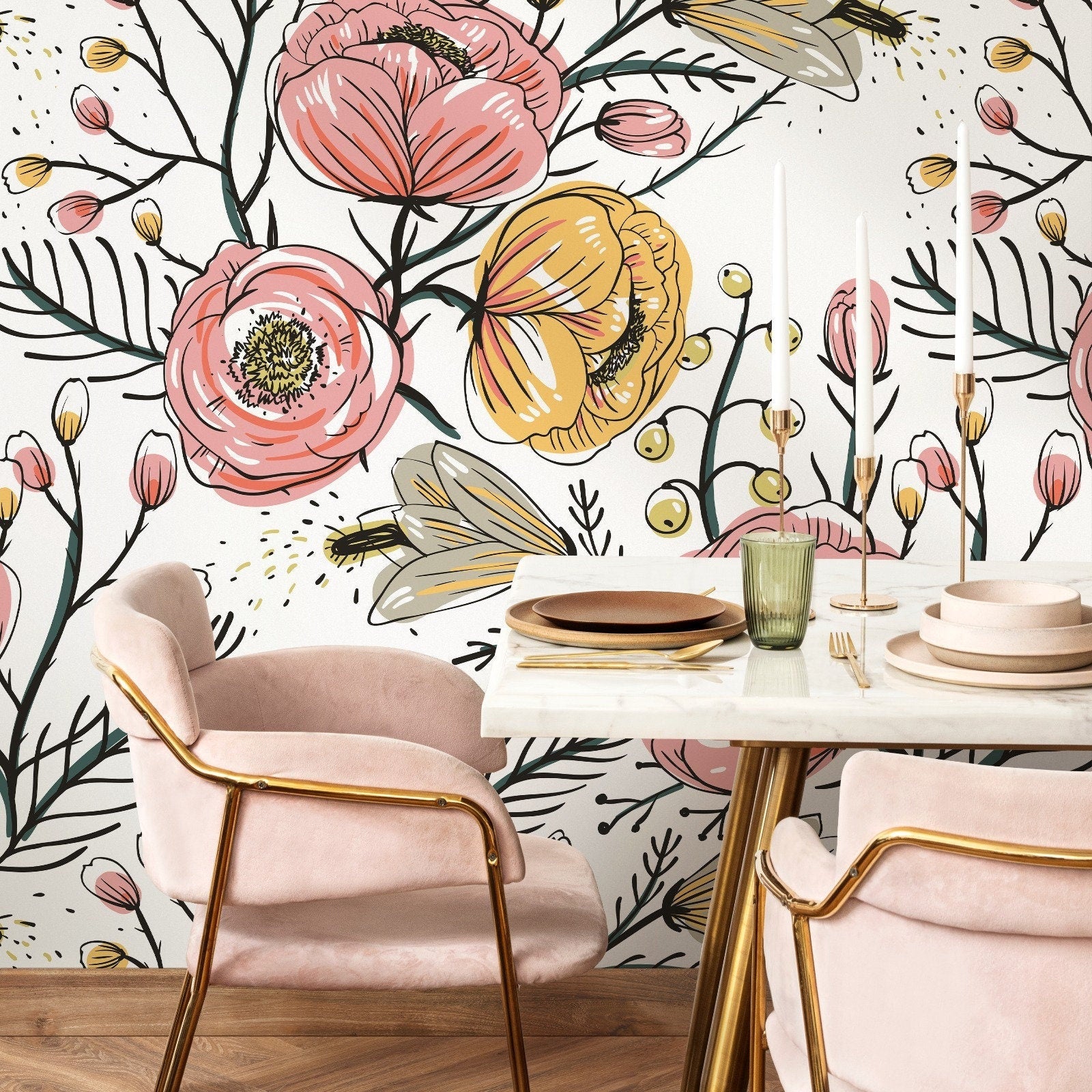 Floral Wallpaper Featuring Hand-drawn Blooms In Pink, Yellow, And Green - A486