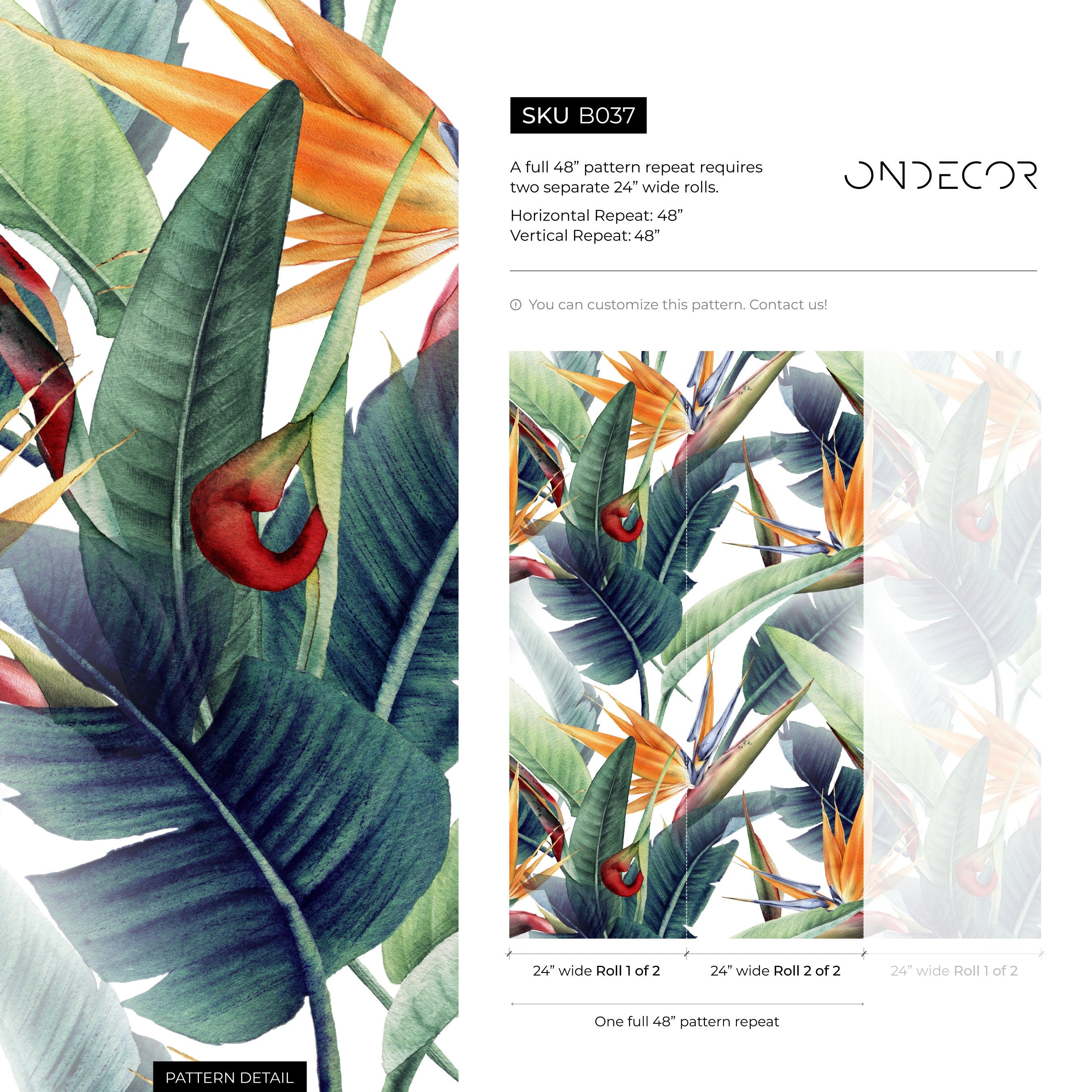 Tropical Wallpaper With Bird Of Paradise Flowers In Orange, Green, And Blue - B037