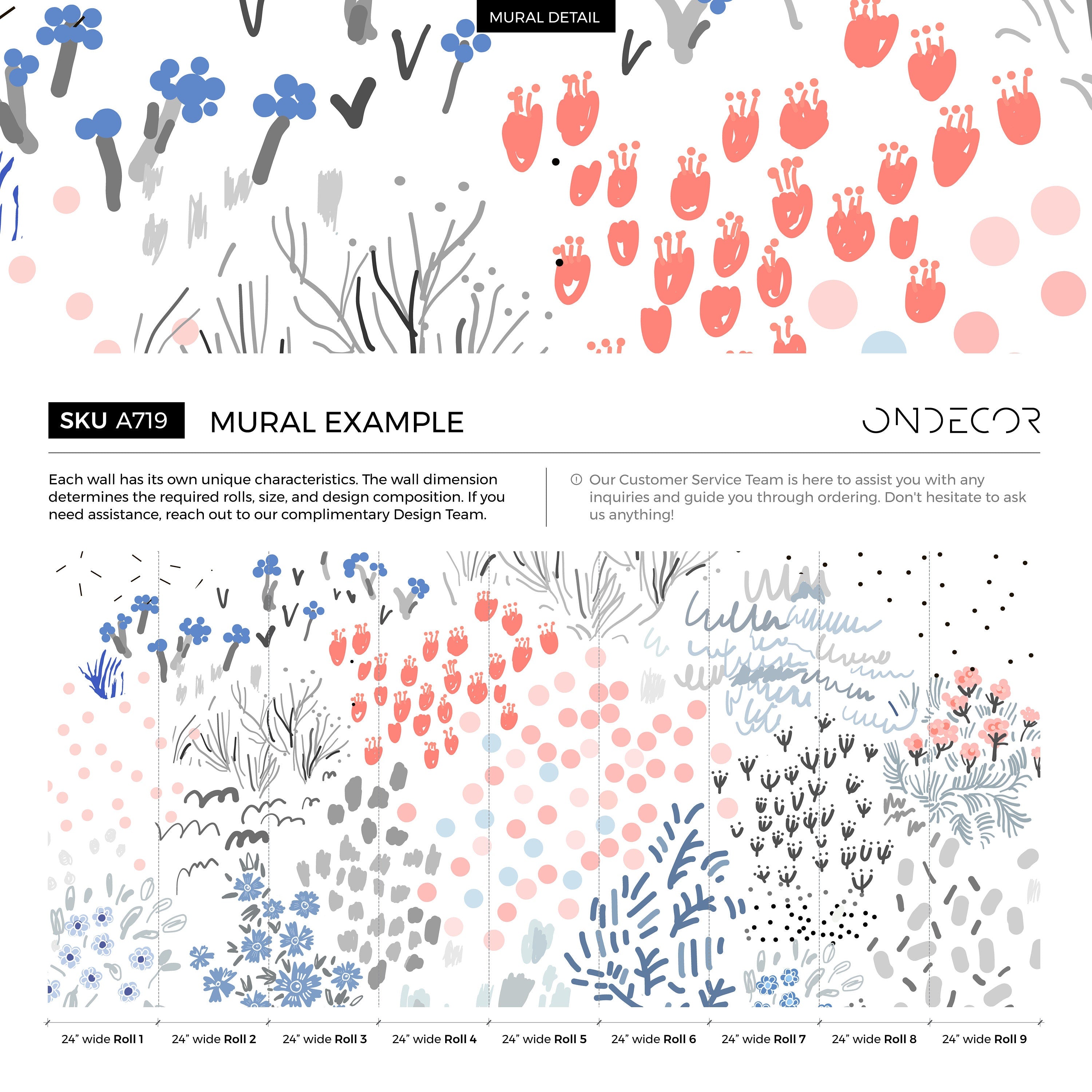 Abstract Wallpaper With Hand-drawn Motifs In Coral, Blue, And Grey - A719
