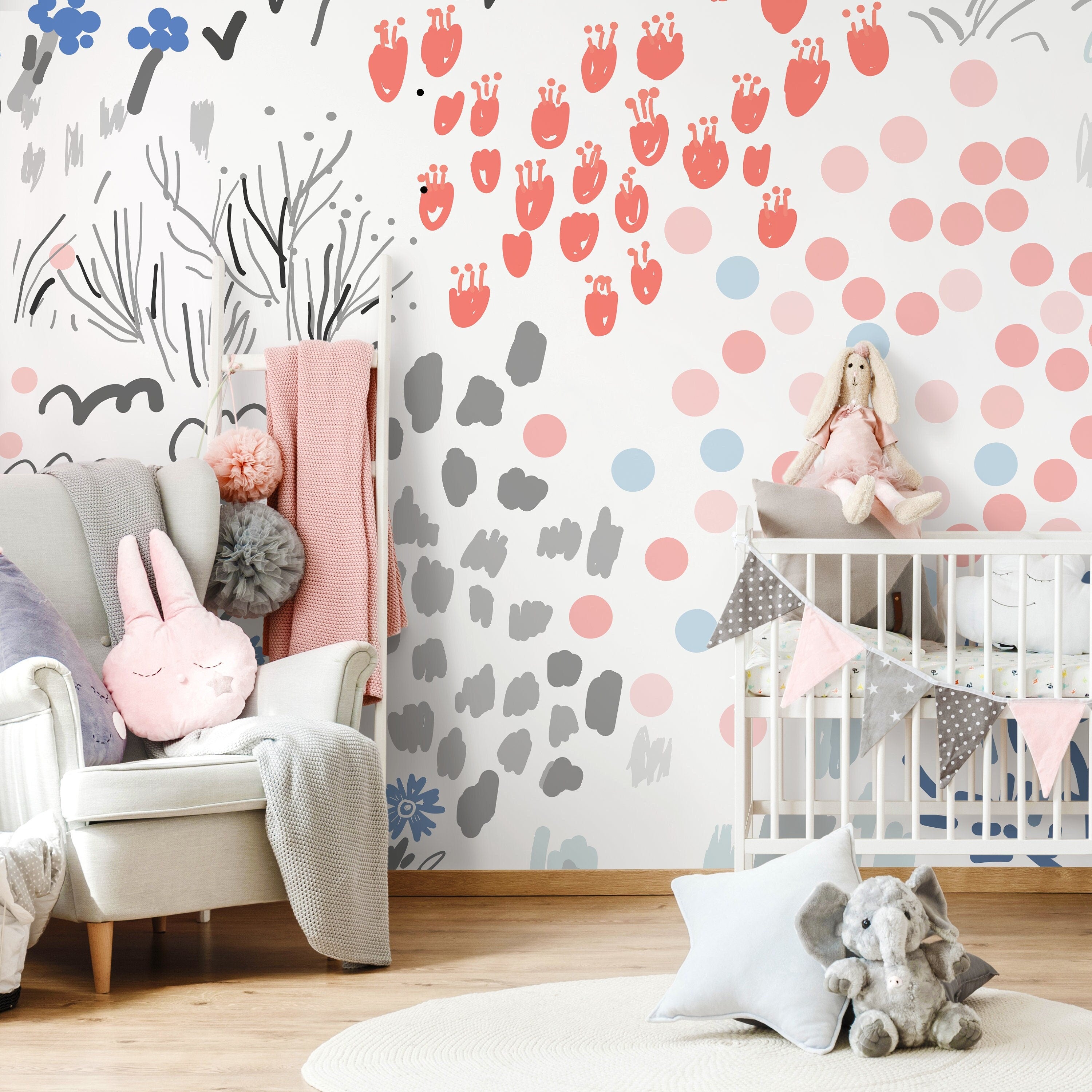 Abstract Wallpaper With Hand-drawn Motifs In Coral, Blue, And Grey - A719