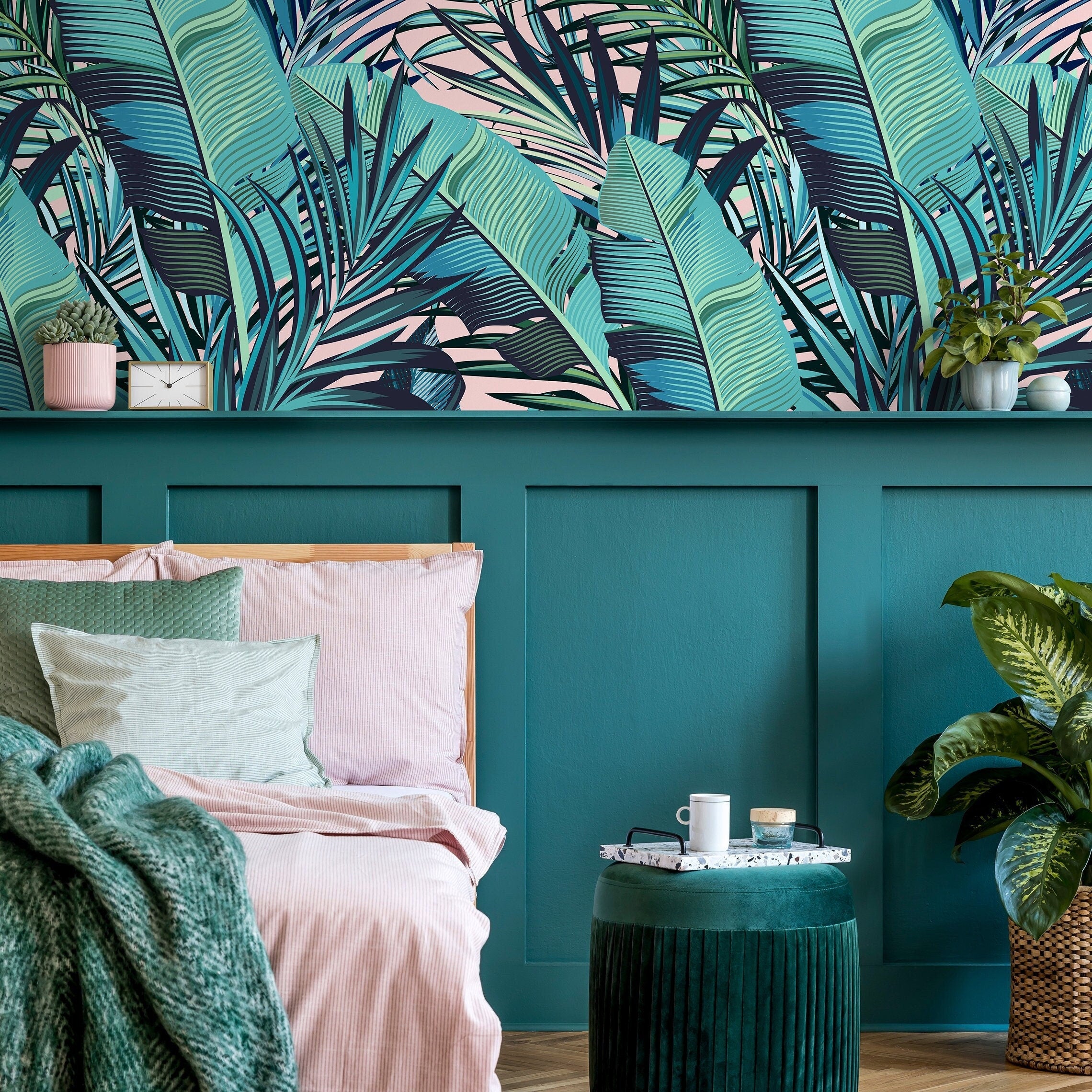 Tropical Wallpaper With Layered Palm And Banana Leaves In Pink, Teal, And Green - A794