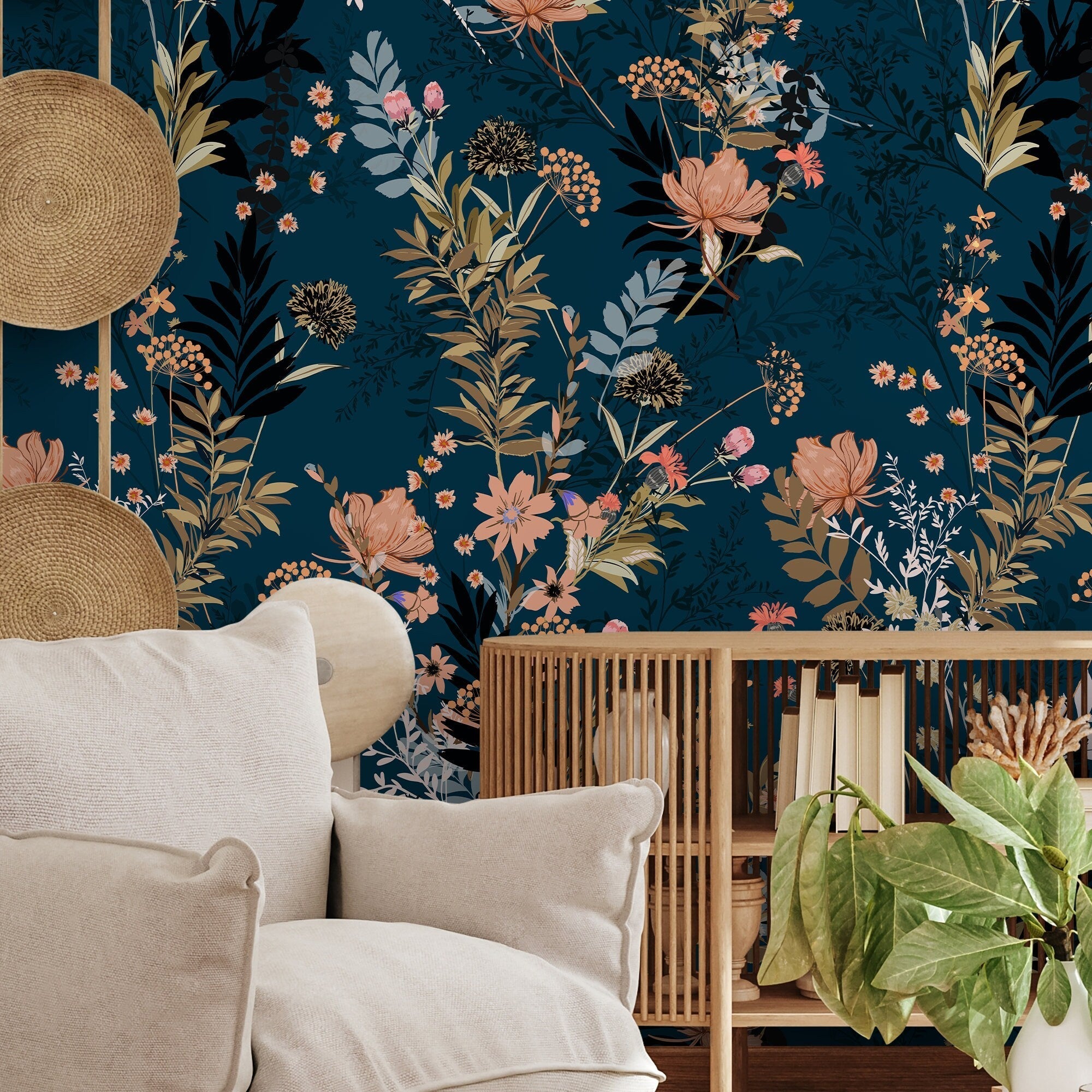 Floral Wallpaper With A Moody Wildflower Motif In Dark Teal, Pink, And Tan - A572