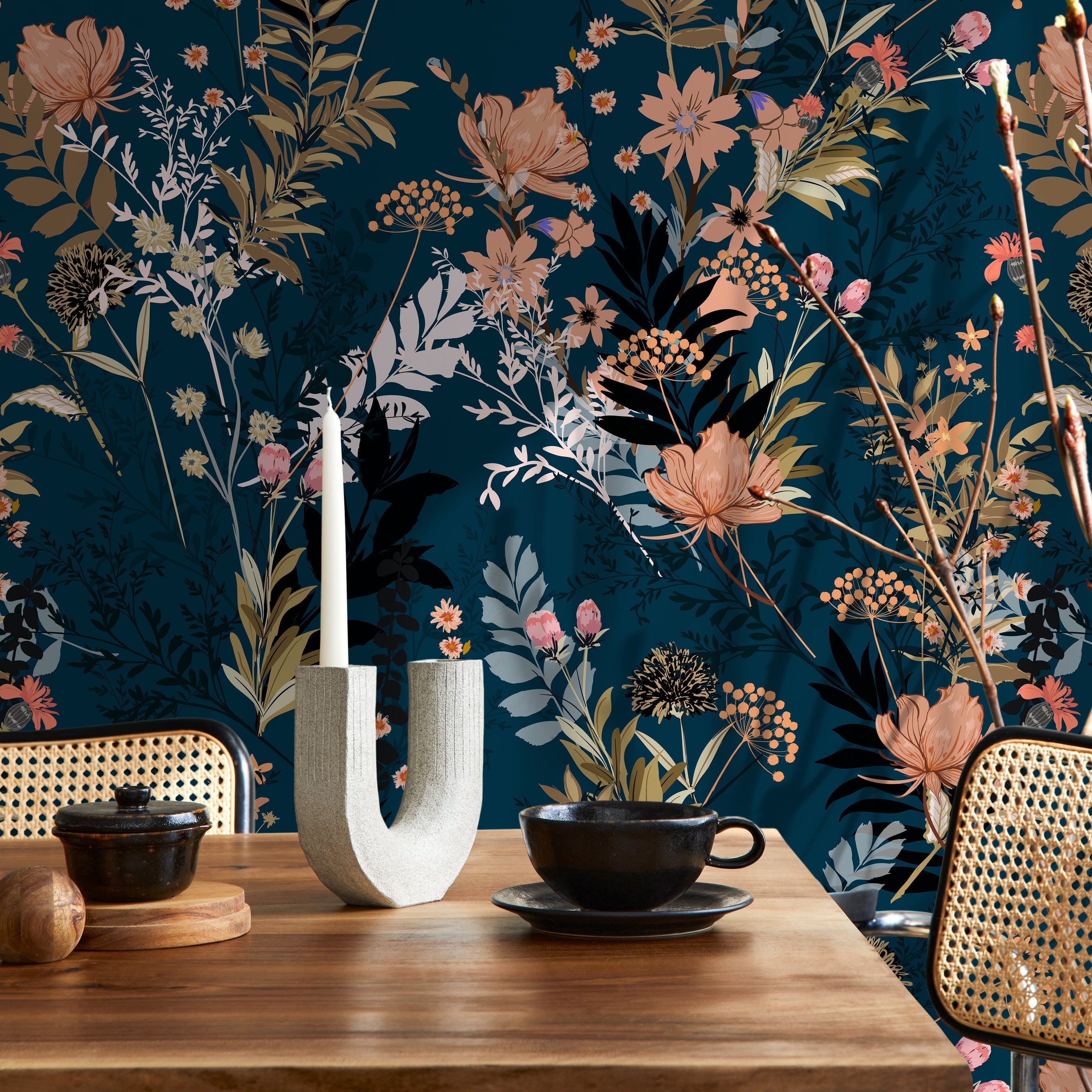 Floral Wallpaper With A Moody Wildflower Motif In Dark Teal, Pink, And Tan - A572