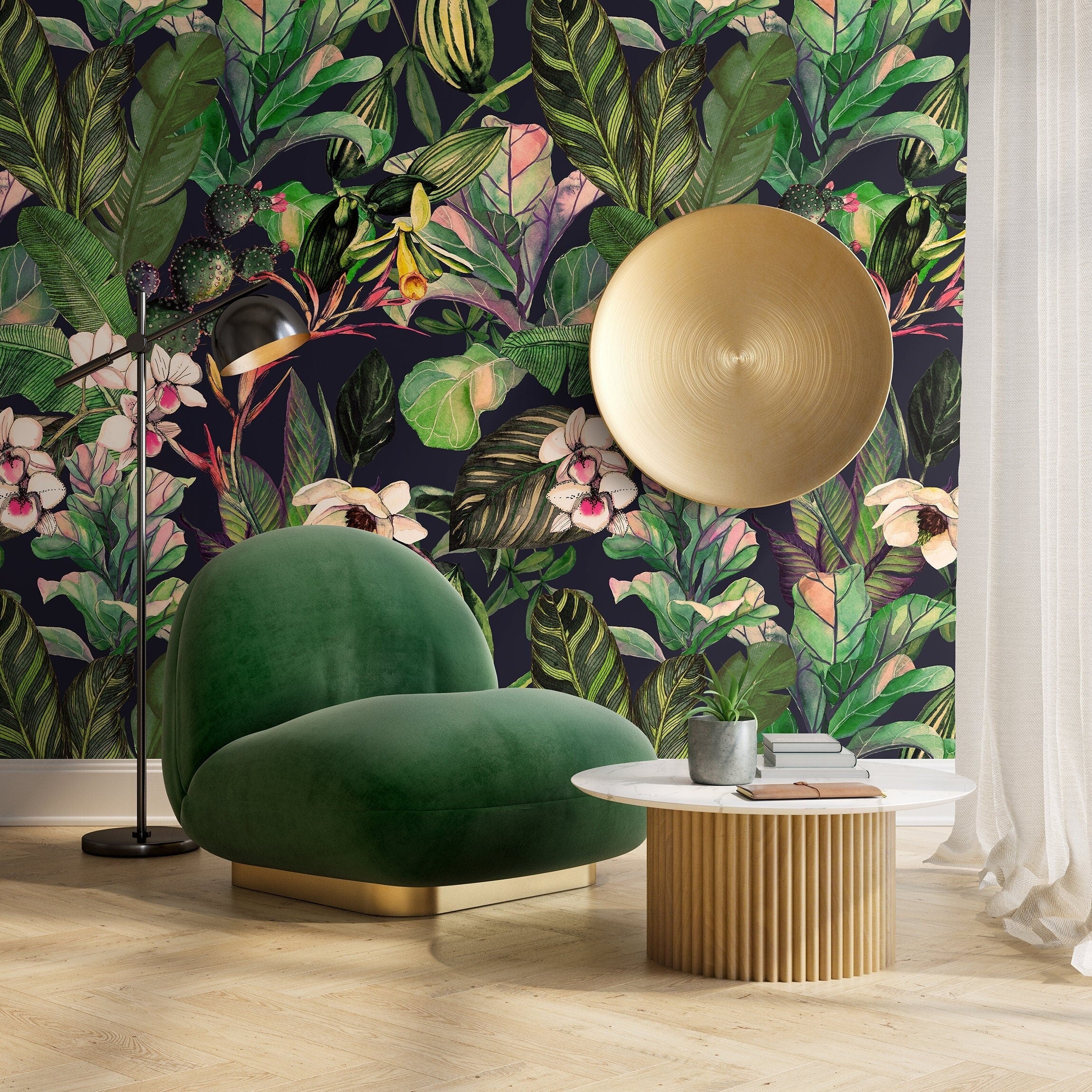 Tropical Wallpaper With Lush Jungle Leaves And Orchids In Green And Pink - A470