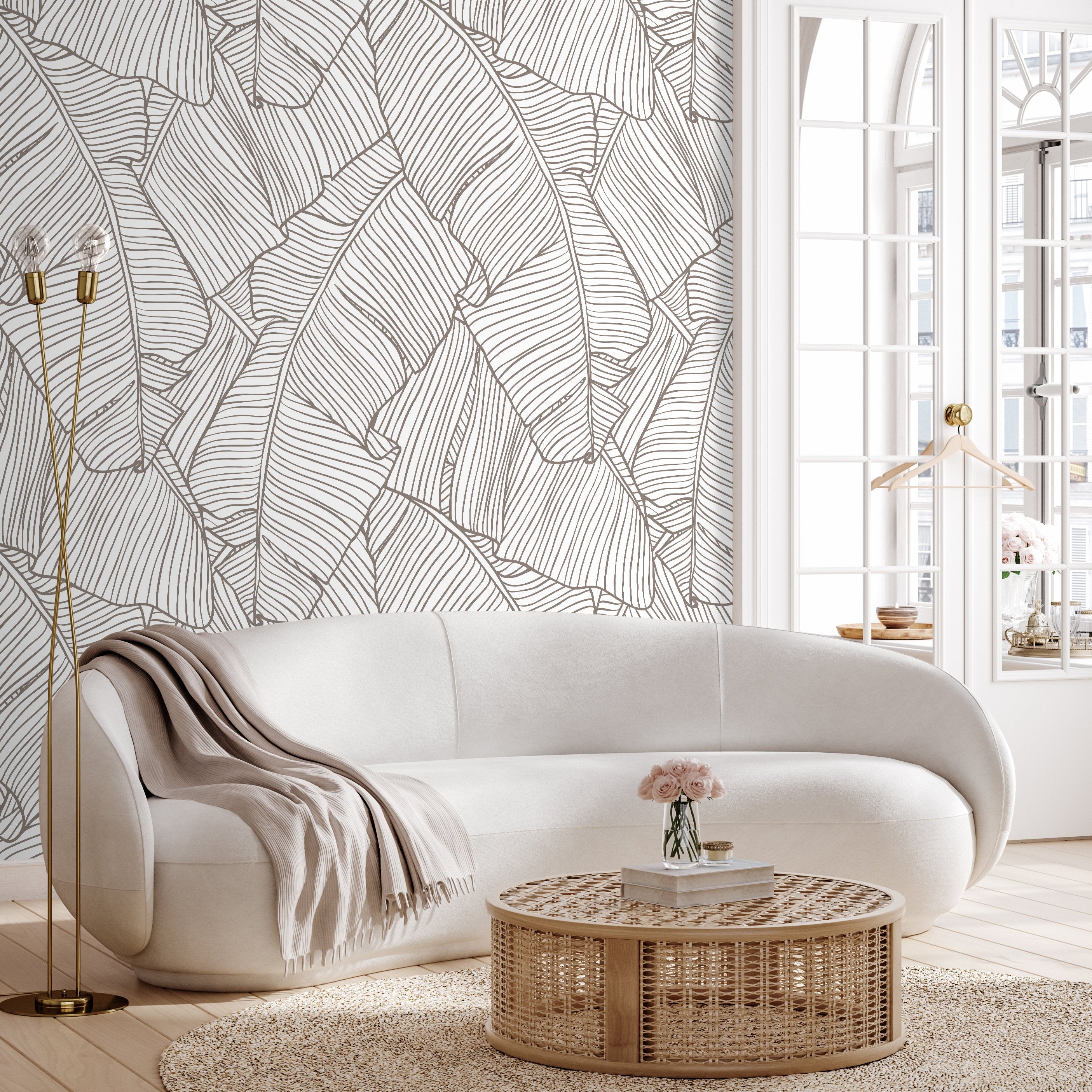 Botanical Wallpaper With Minimalist Banana Leaf Line Art In Taupe - A474