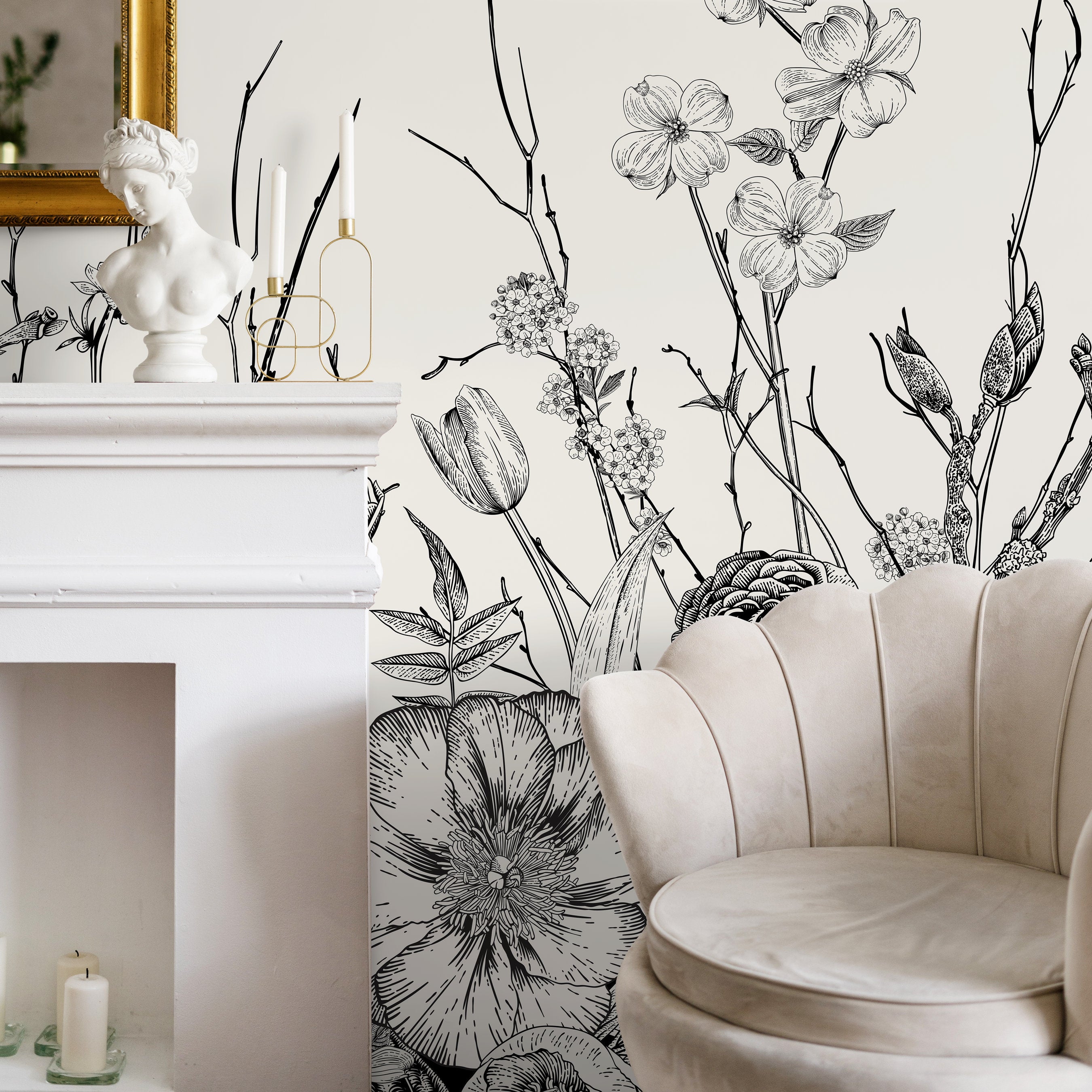 Floral Wallpaper With An Engraved Botanical Motif In Black And White - A531