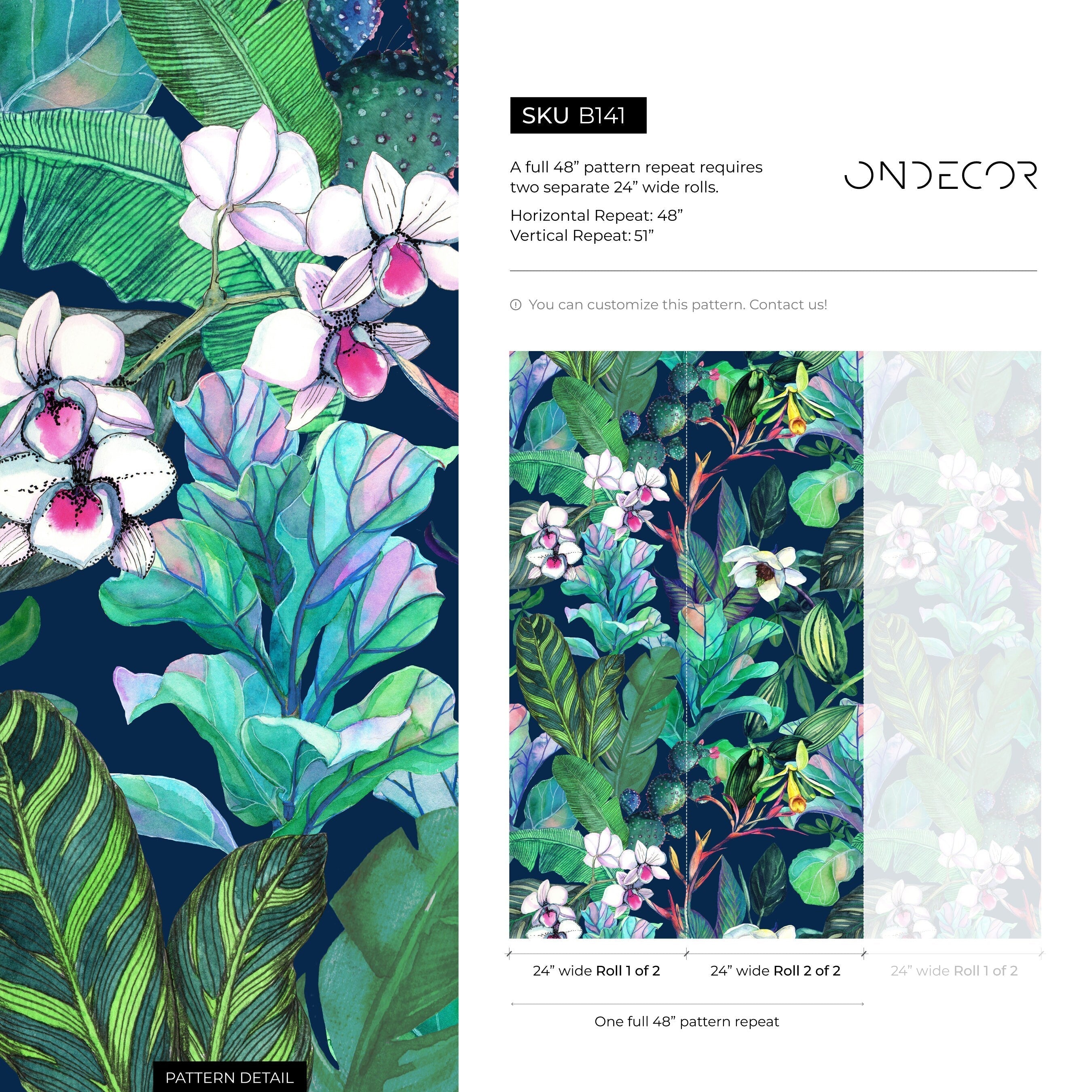 Tropical Wallpaper With Orchids And Jungle Leaves In Navy, Green, And Pink - B141