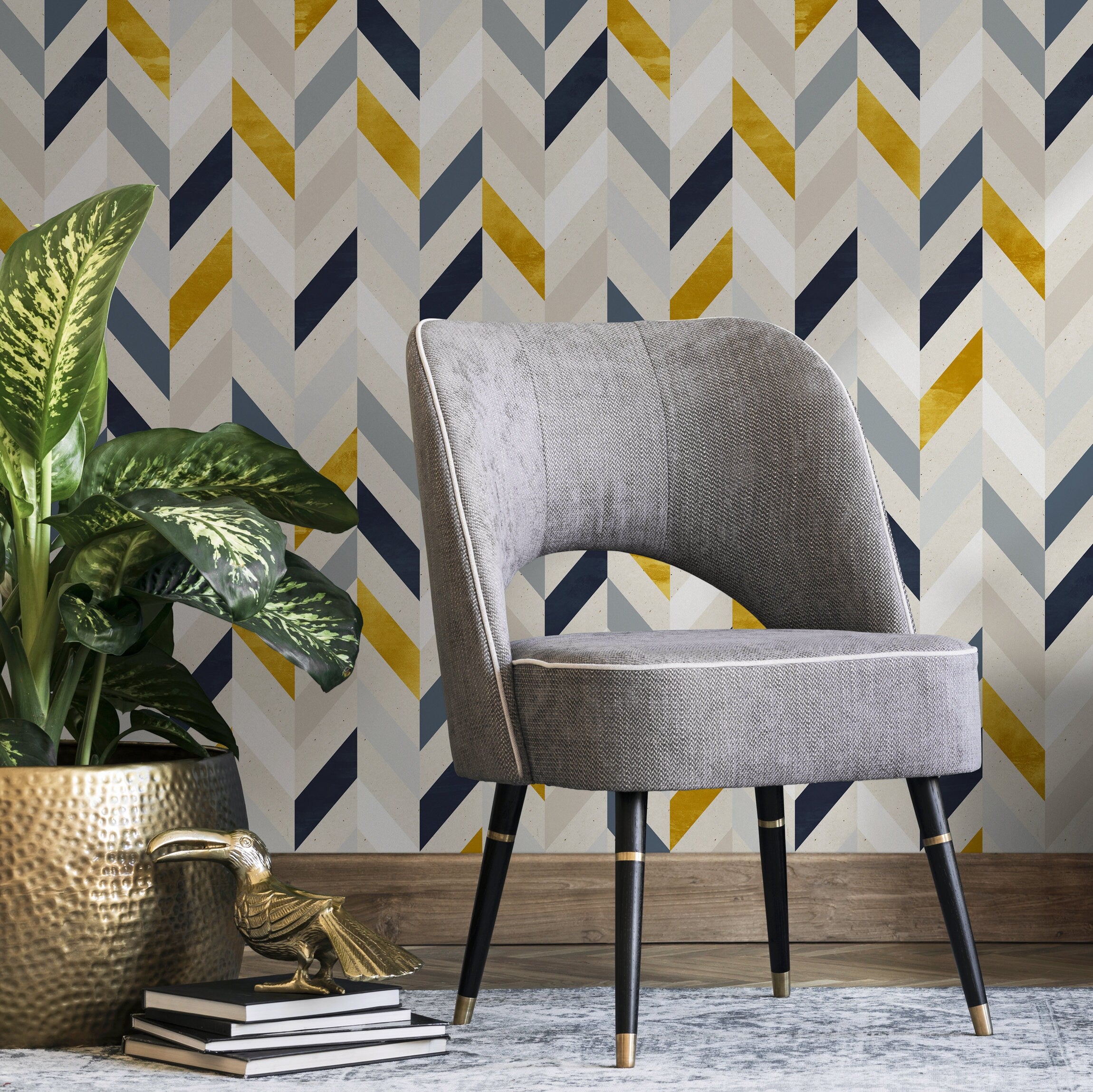Geometric Wallpaper With A Modern Chevron Motif In Yellow, Blue, And Gray - A104