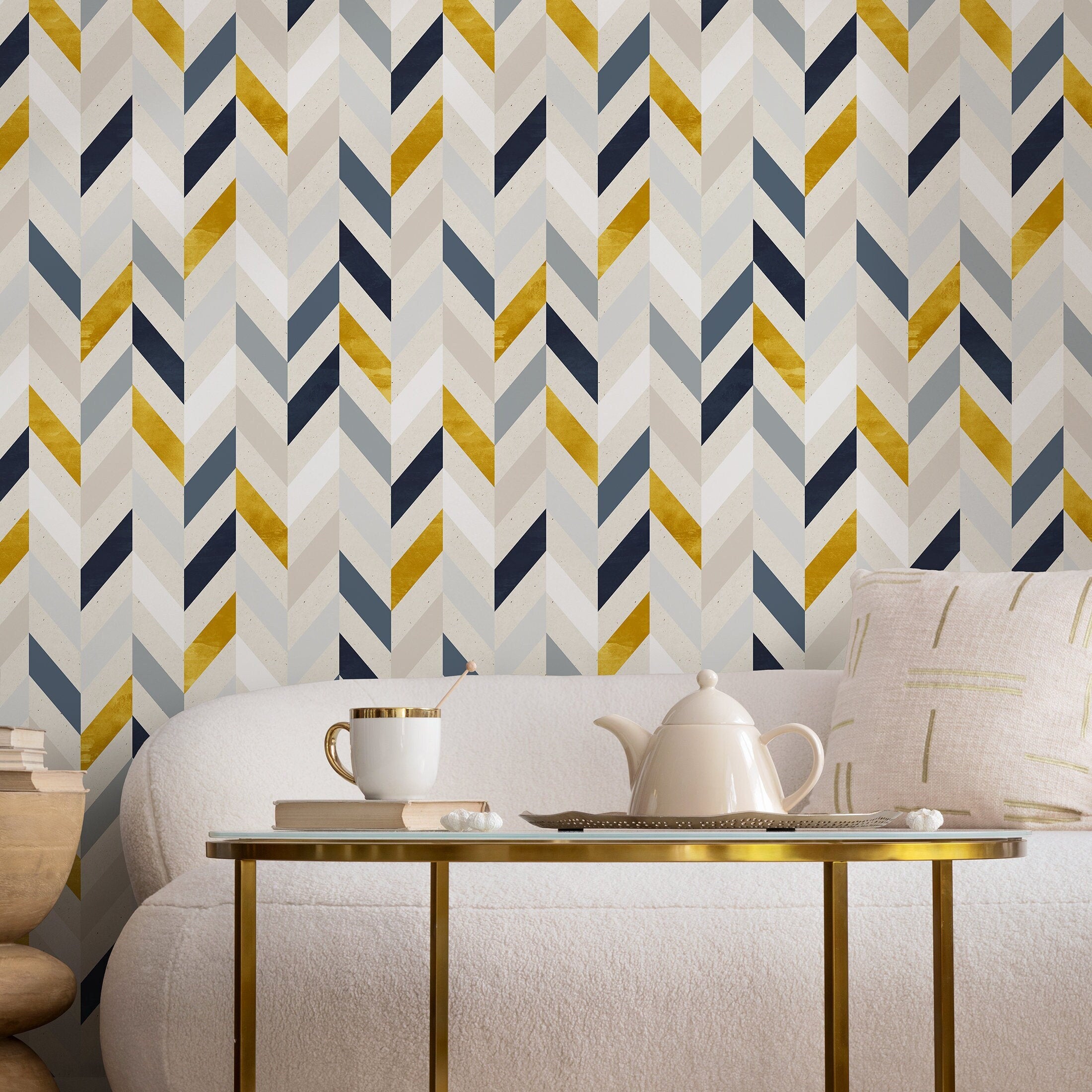 Geometric Wallpaper With A Modern Chevron Motif In Yellow, Blue, And Gray - A104