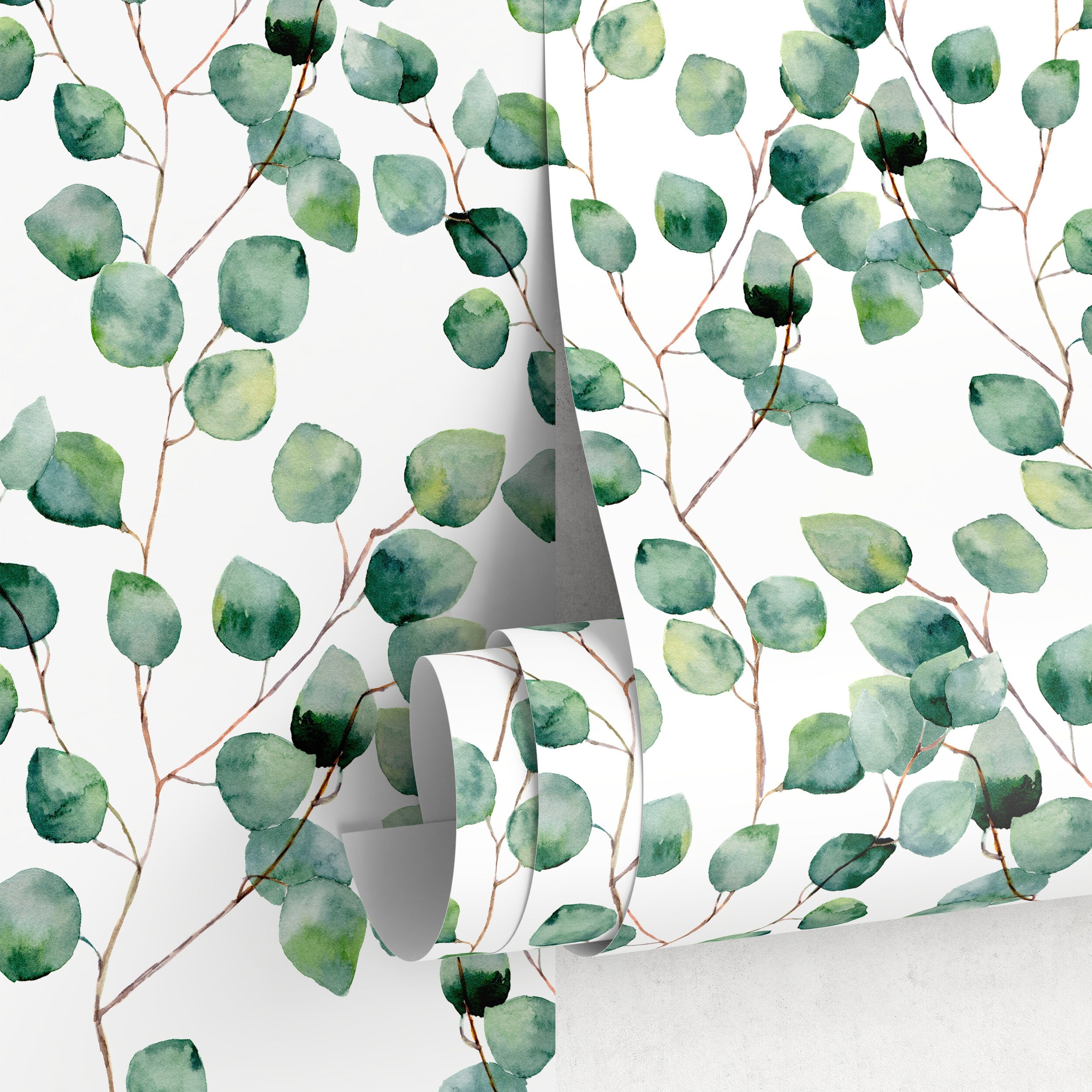 Botanical Wallpaper Featuring A Watercolor Eucalyptus Motif In Green And Brown - A126