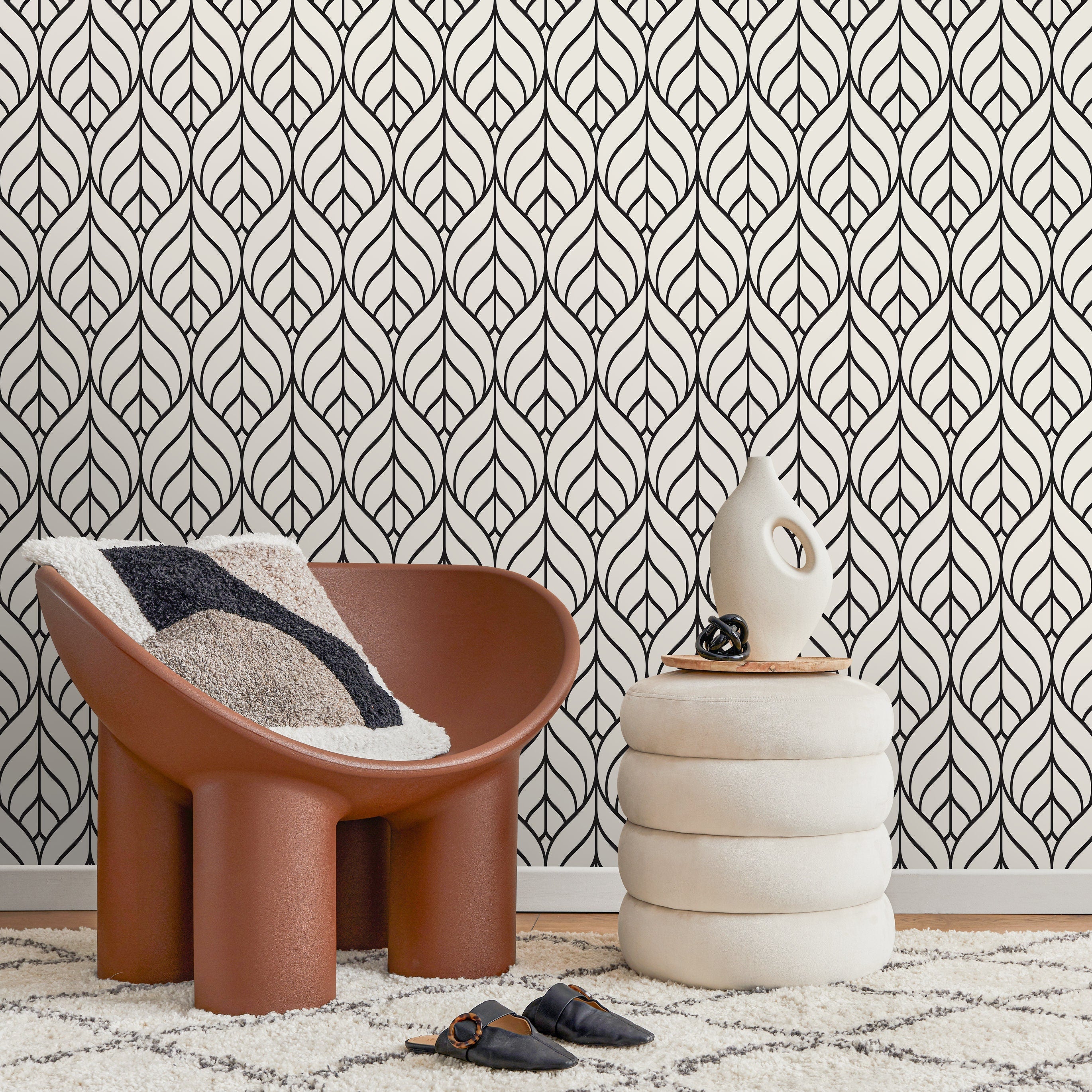 Art Deco Wallpaper With A Stylized Leaf Motif In Black And Gray - A134