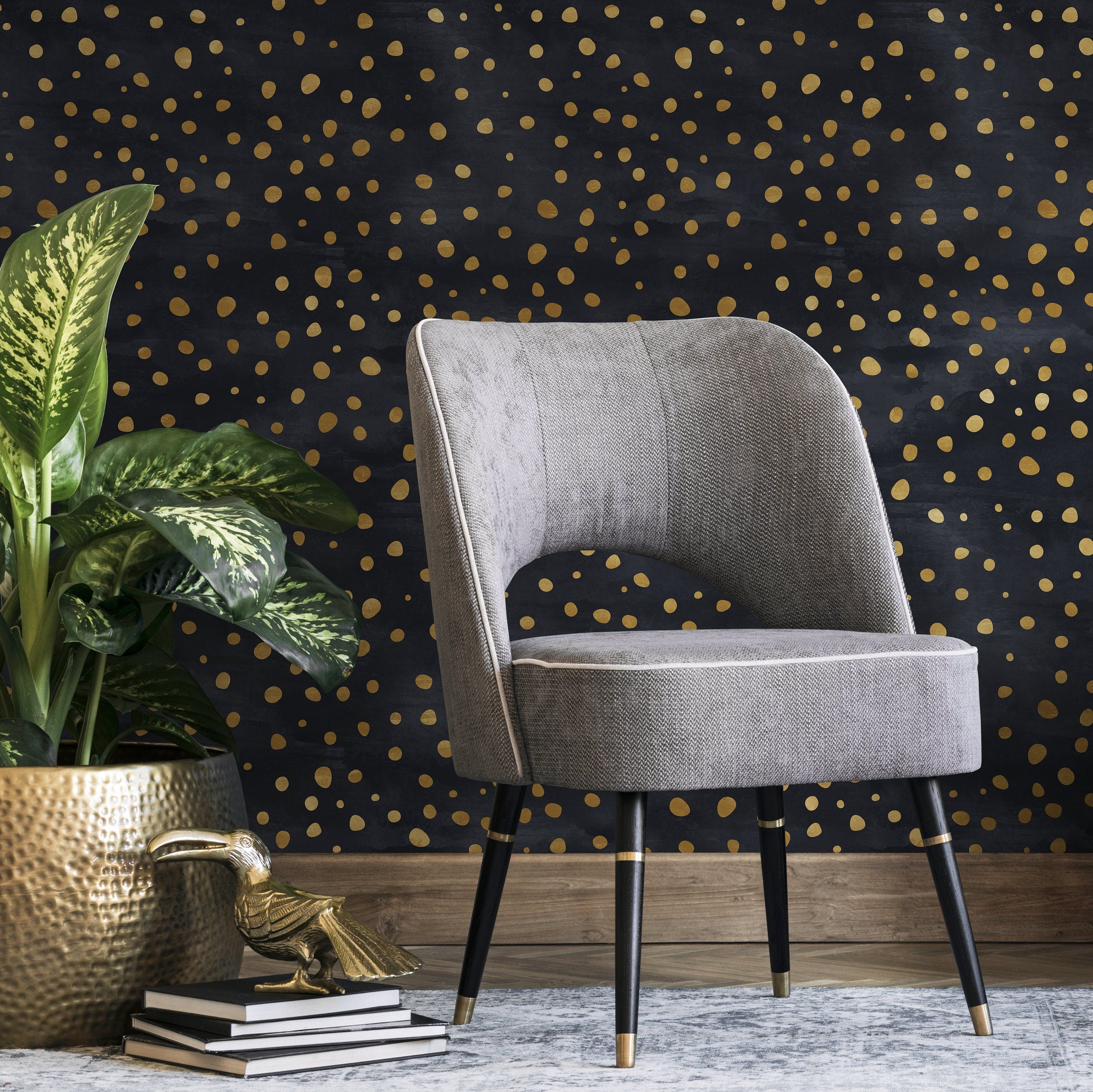 Abstract Wallpaper With A Scattered Dots Motif In Black And Gold - A142