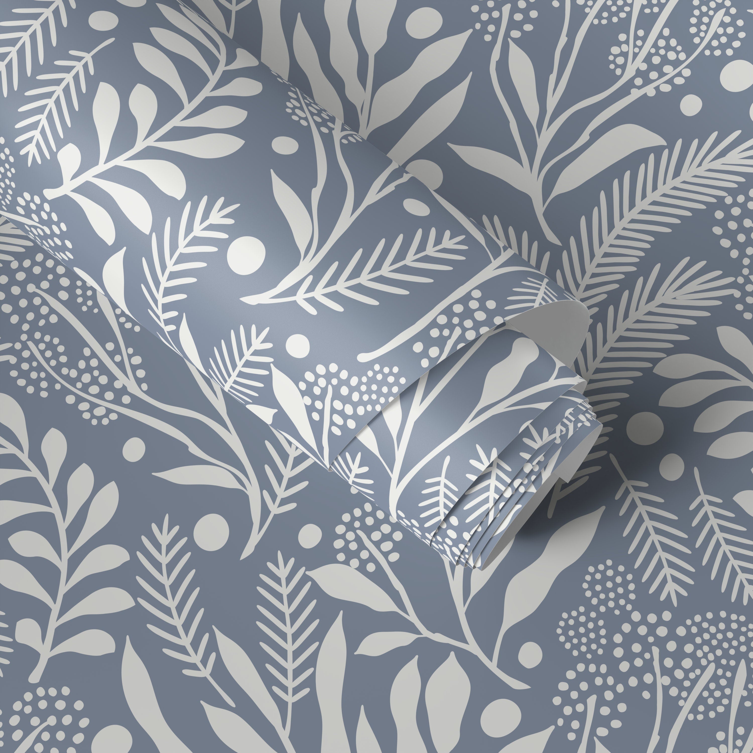 Botanical Wallpaper With A Foliage And Berry Motif In Blue And Off-white - A761
