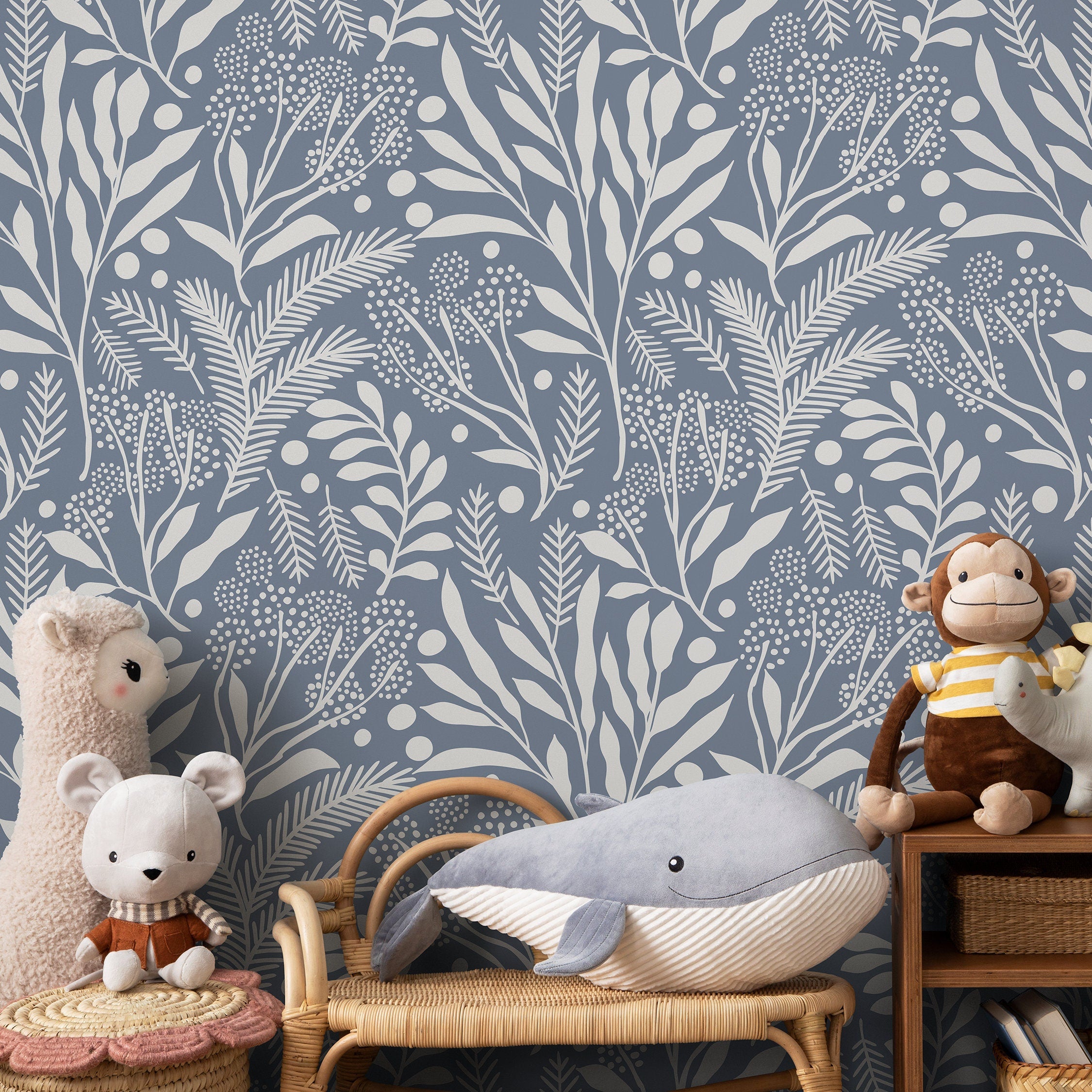 Botanical Wallpaper With A Foliage And Berry Motif In Blue And Off-white - A761