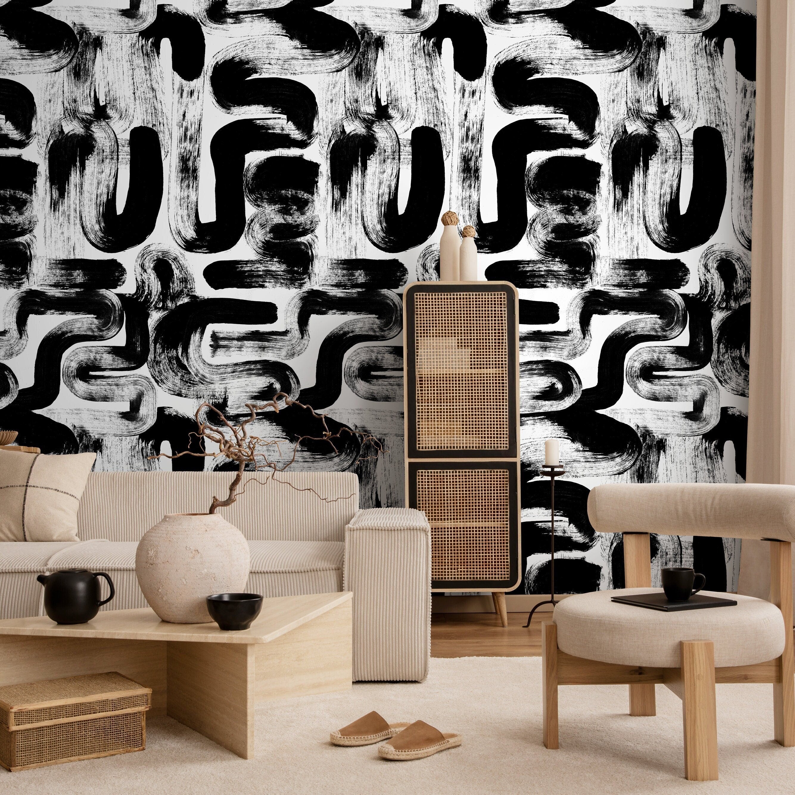 Abstract Wallpaper With Bold Brushstrokes In Black And White - X175