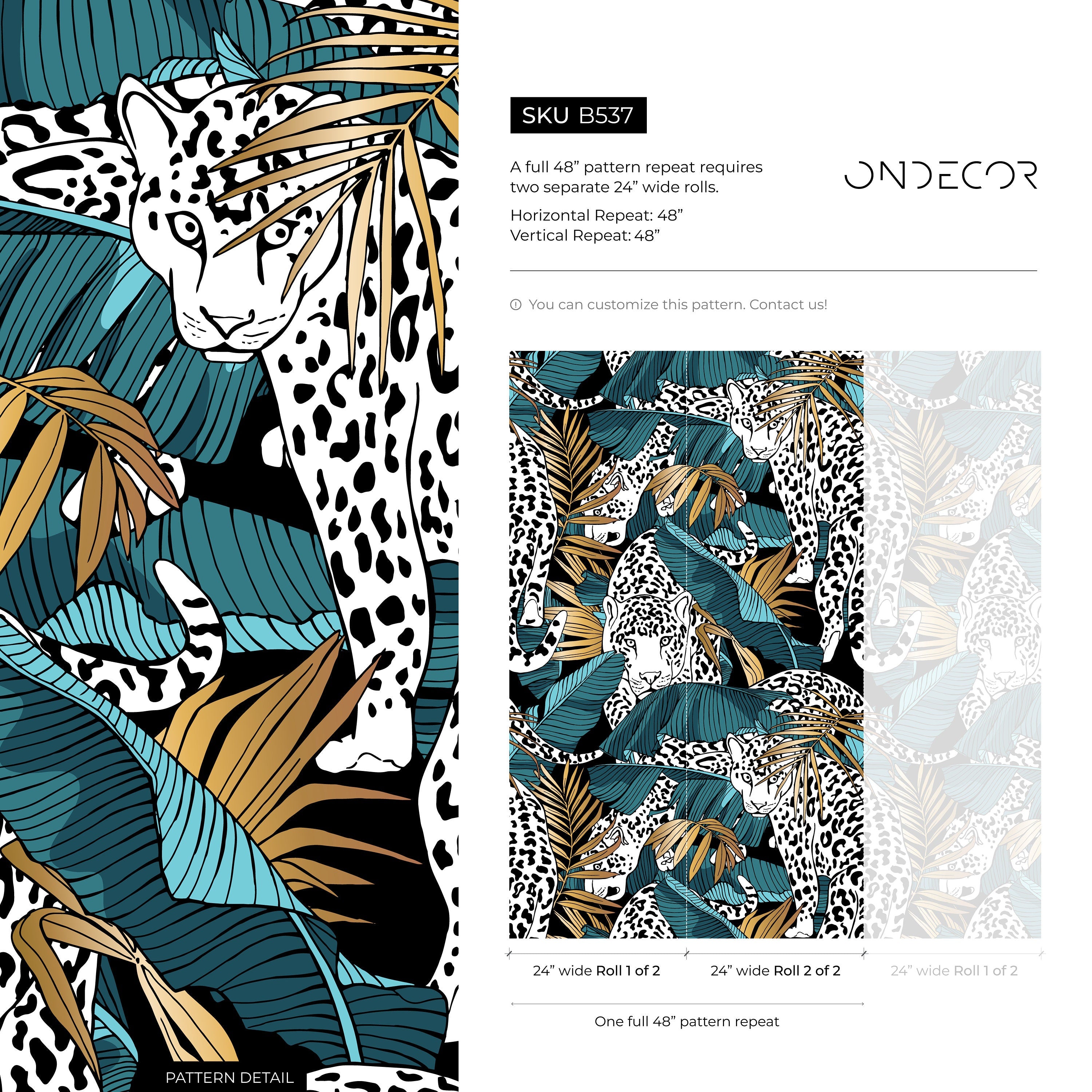 Jungle Wallpaper With A Leopard And Palm Leaves In Teal, Black, And Gold - B537