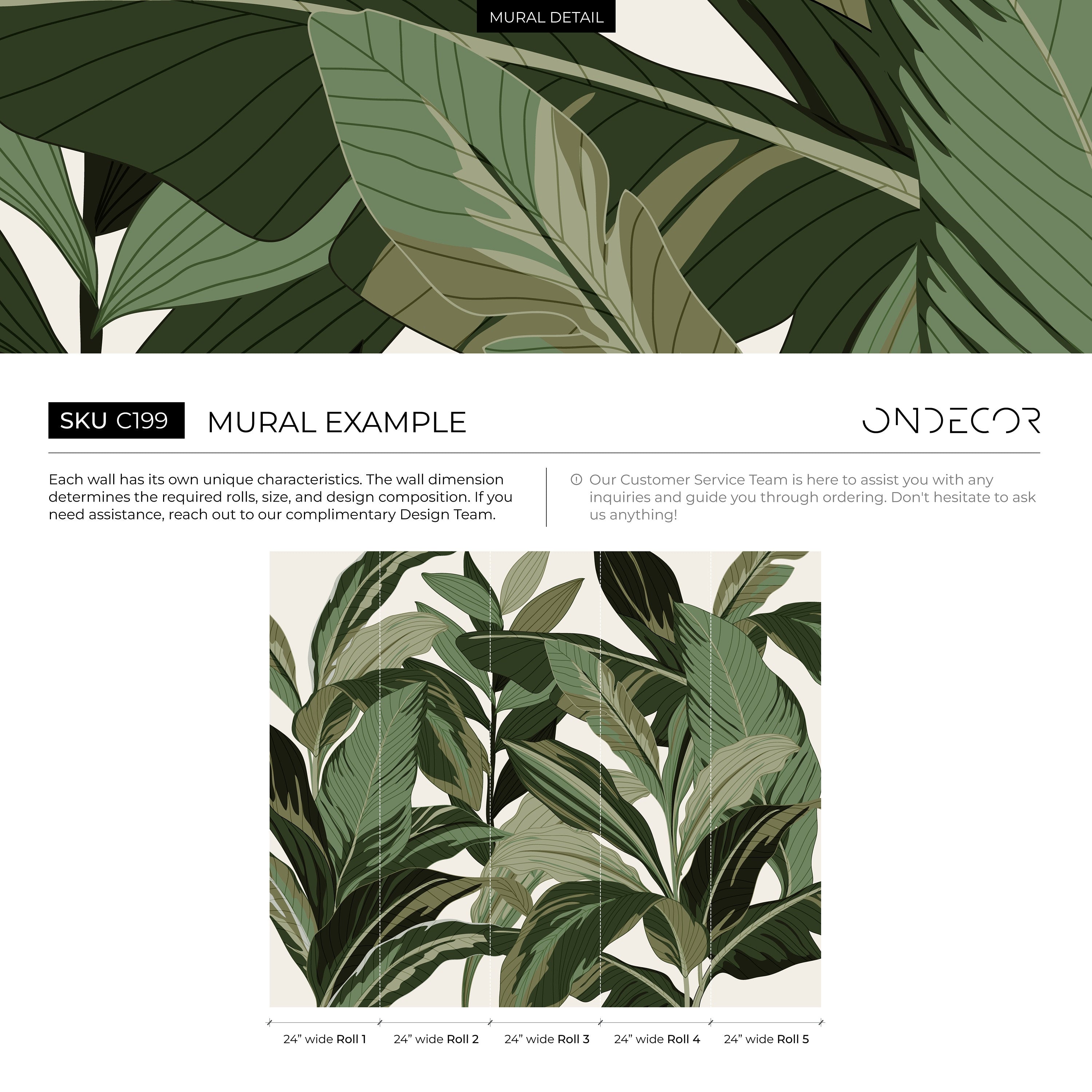 Botanical Wallpaper Featuring Large Tropical Leaves In Green - C199