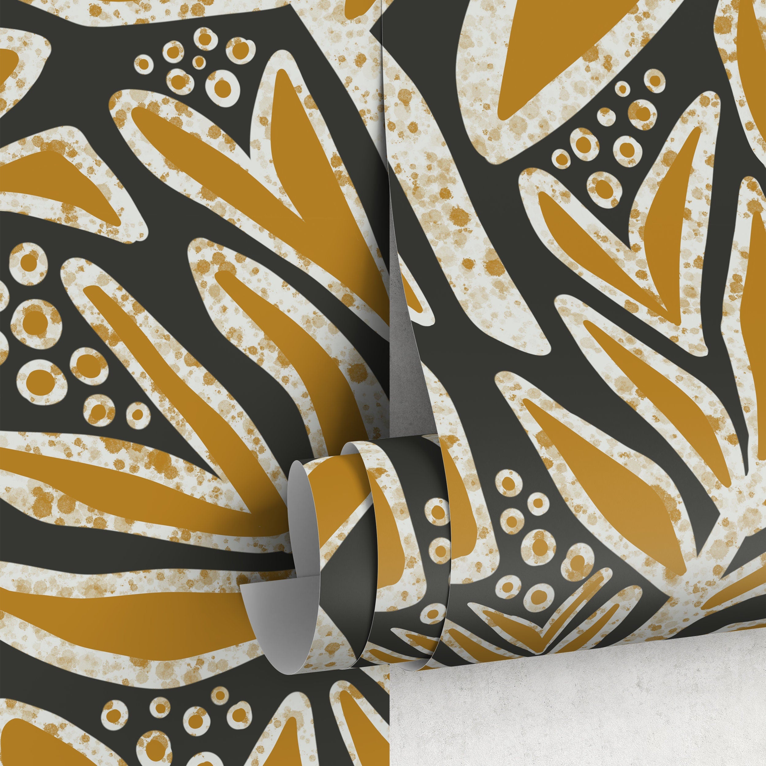 Botanical Wallpaper With Abstract Leaves In Mustard, Taupe, And Black - X177