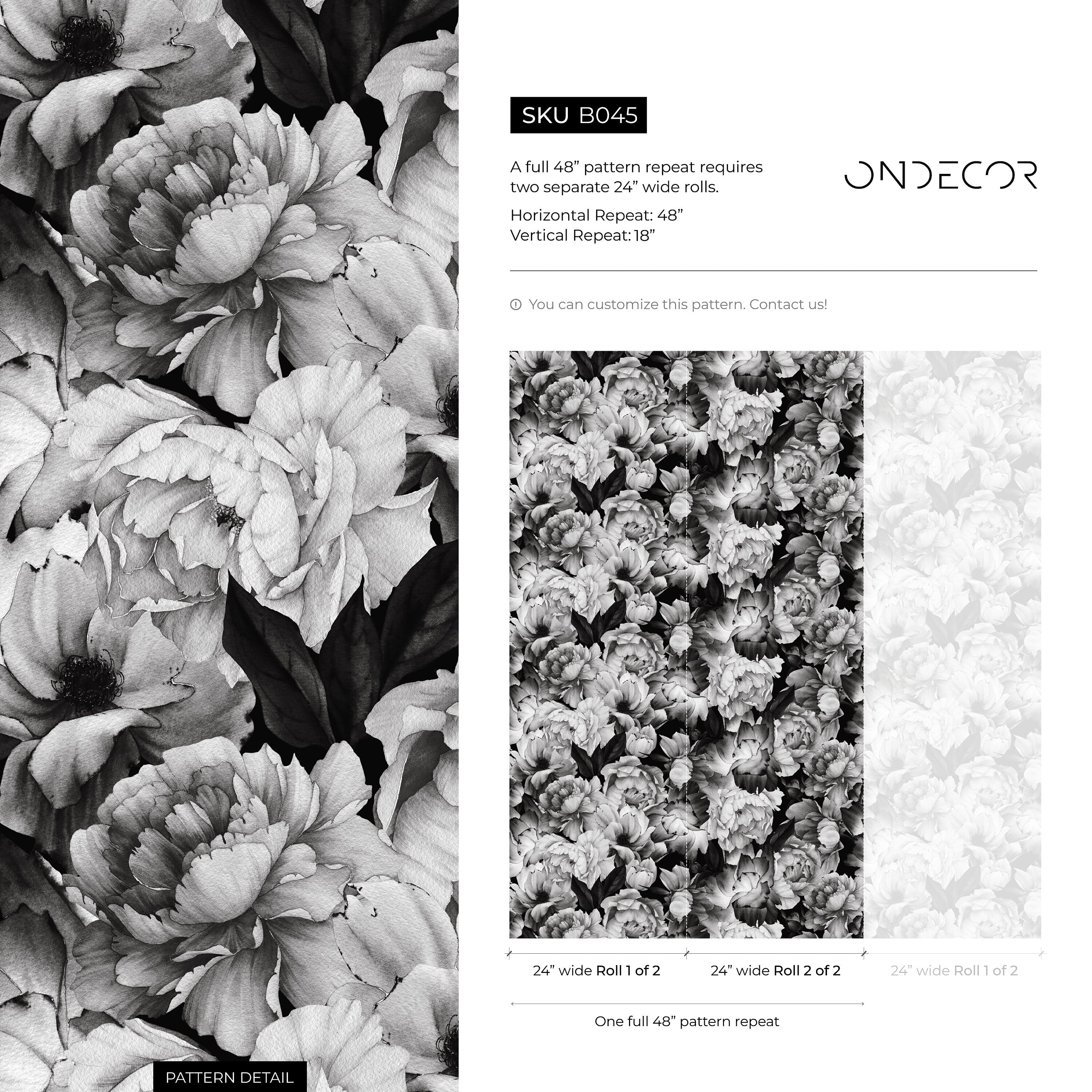 Floral Wallpaper With Watercolor Peonies In Black And White - B045