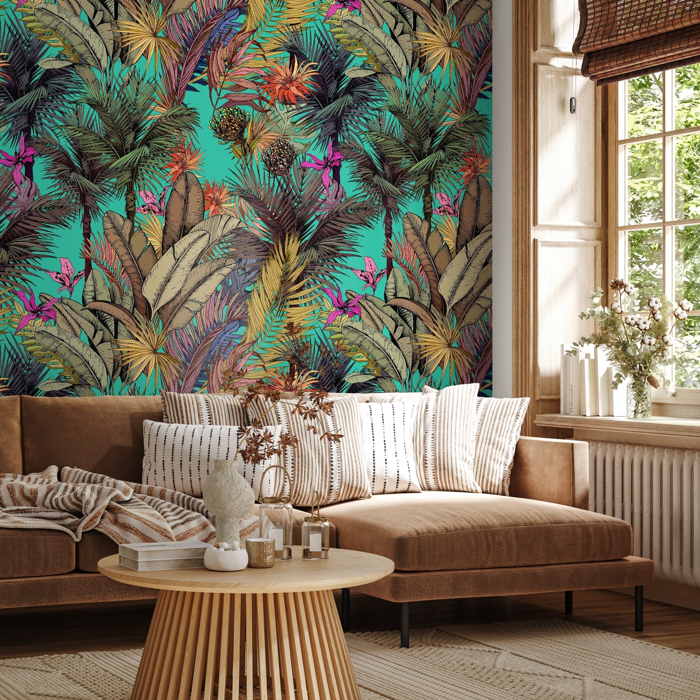 Tropical Wallpaper Featuring Exotic Jungle Leaves In Teal, Pink, And Gold - A764