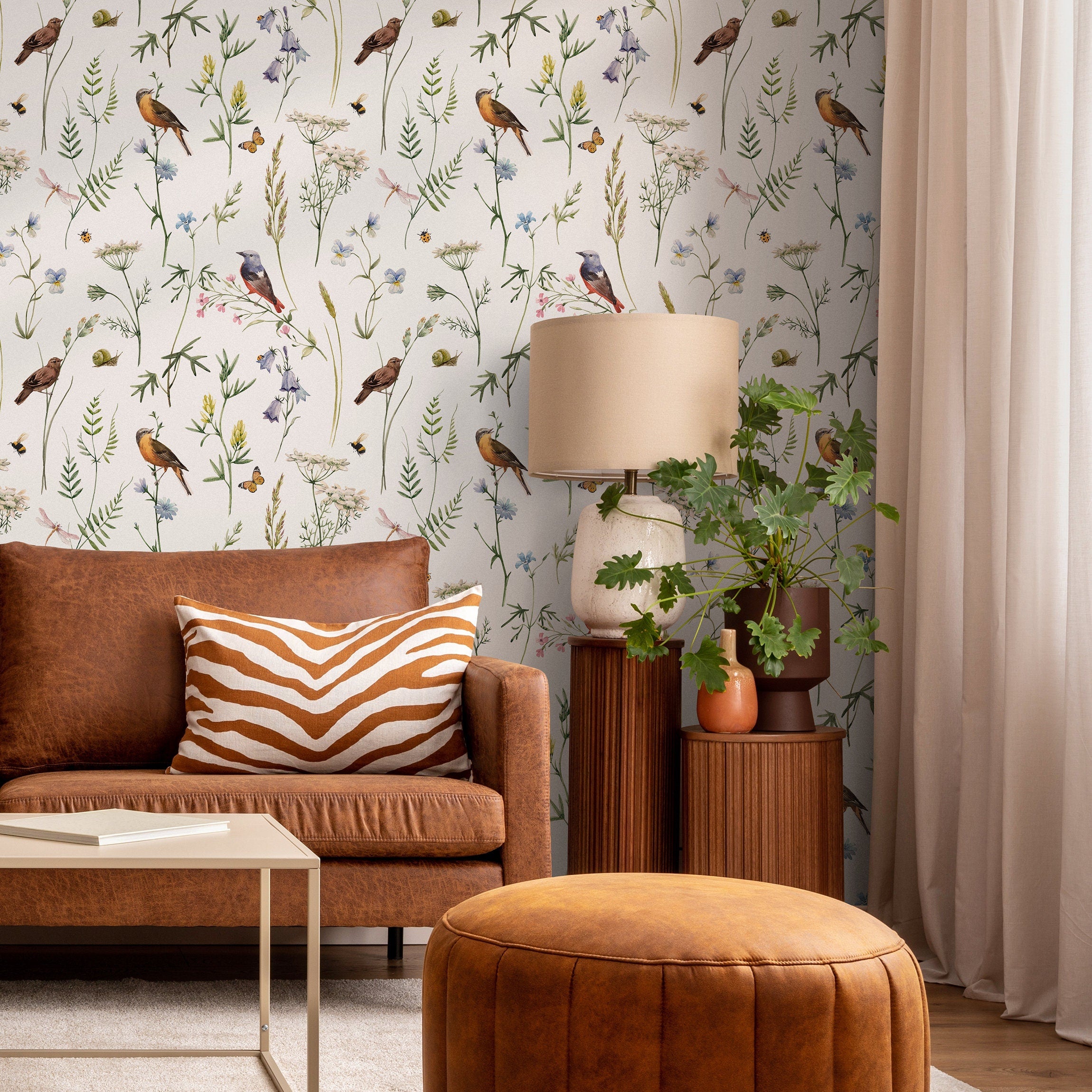 Botanical Wallpaper Featuring Meadow Birds And Wildflowers In Green And Blue - D993
