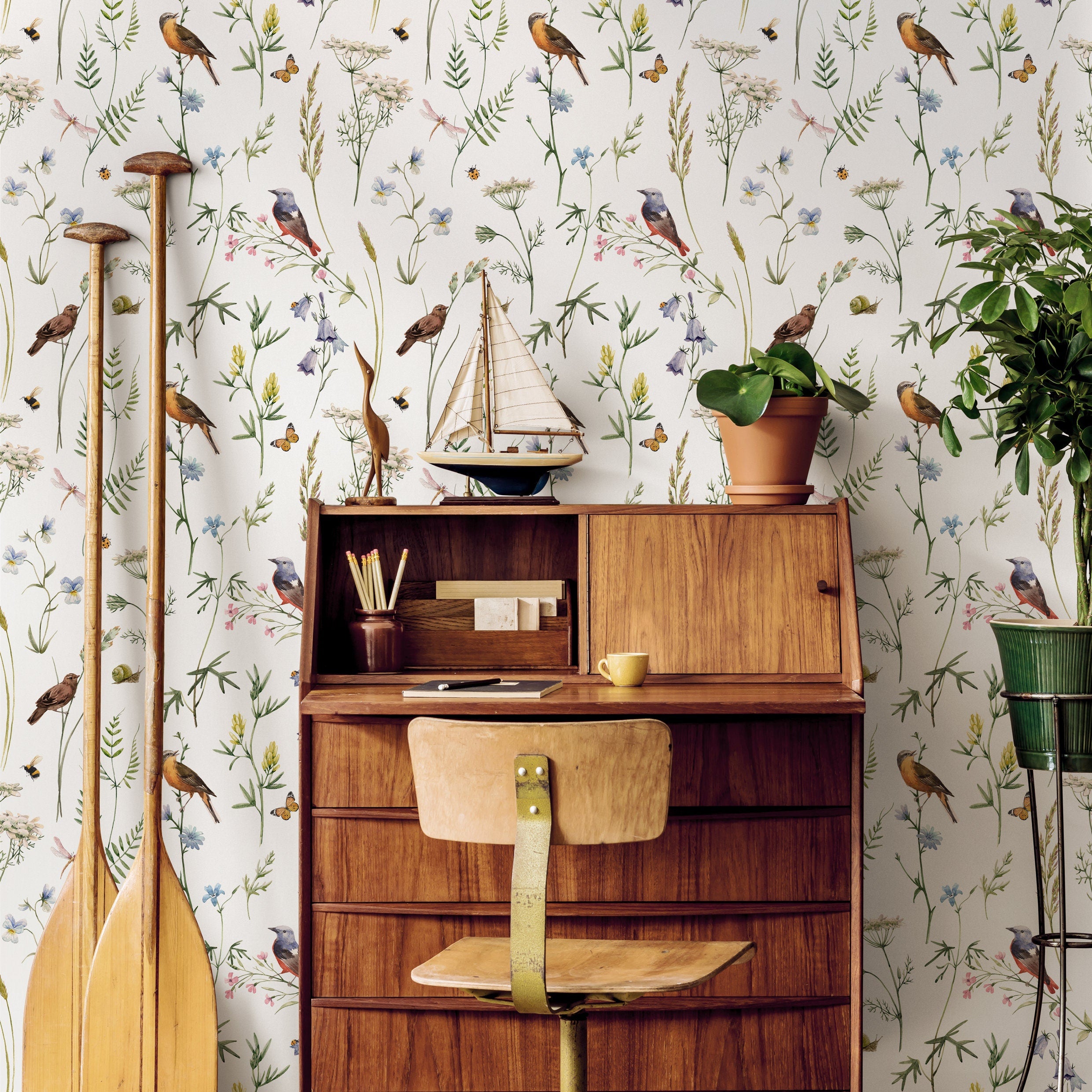 Botanical Wallpaper Featuring Meadow Birds And Wildflowers In Green And Blue - D993