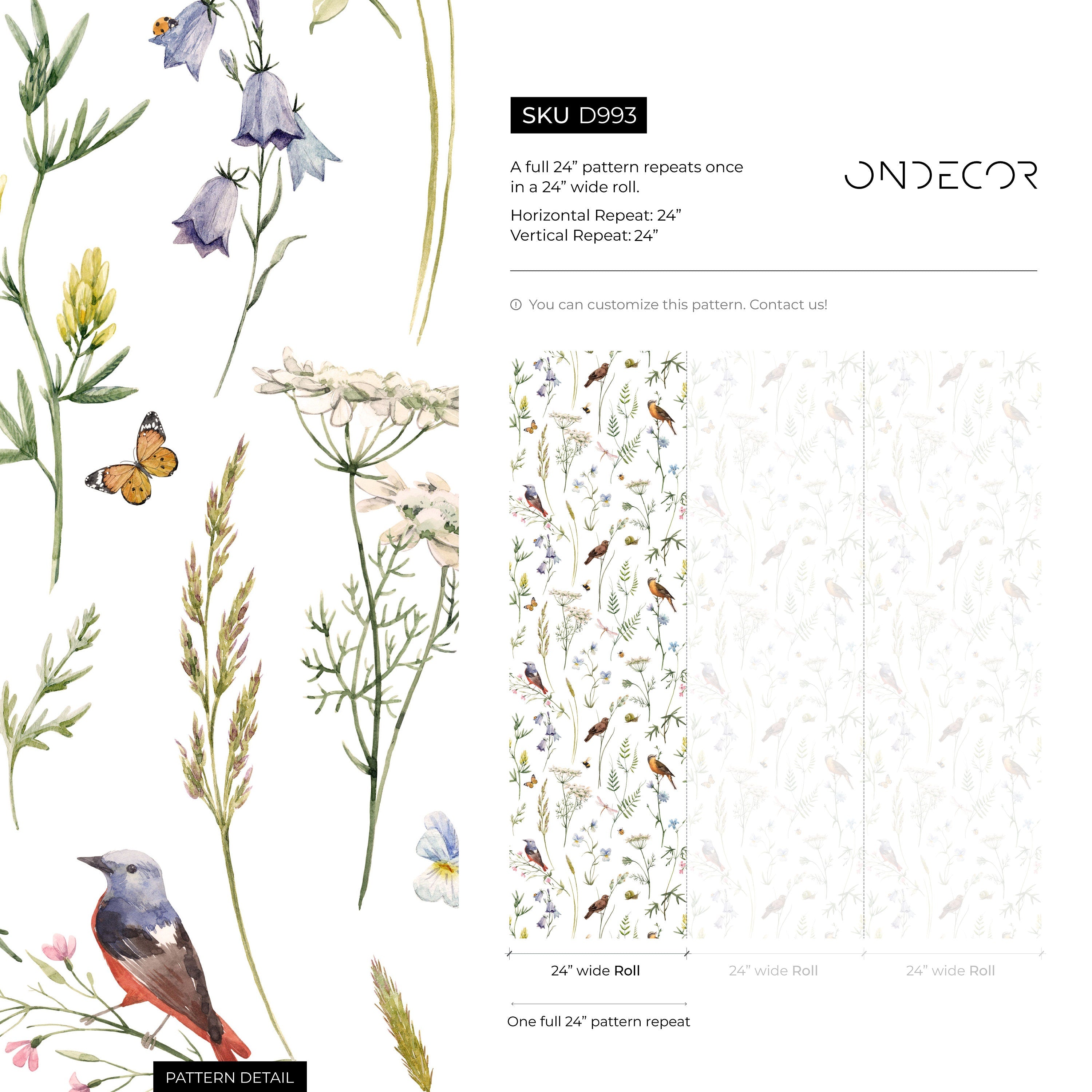 Botanical Wallpaper Featuring Meadow Birds And Wildflowers In Green And Blue - D993