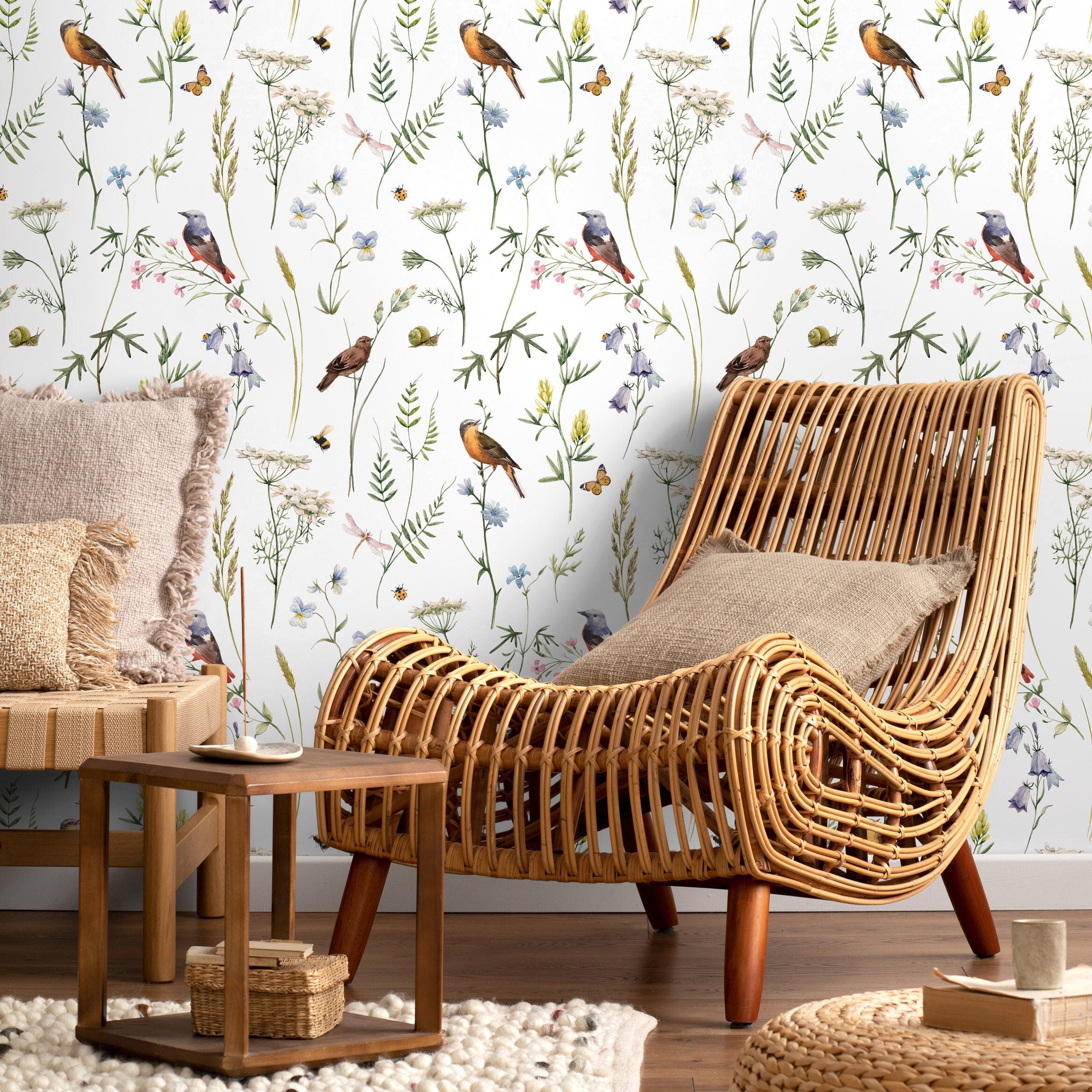 Botanical Wallpaper With Wildflowers And Birds In Green, Blue, And Orange - D993