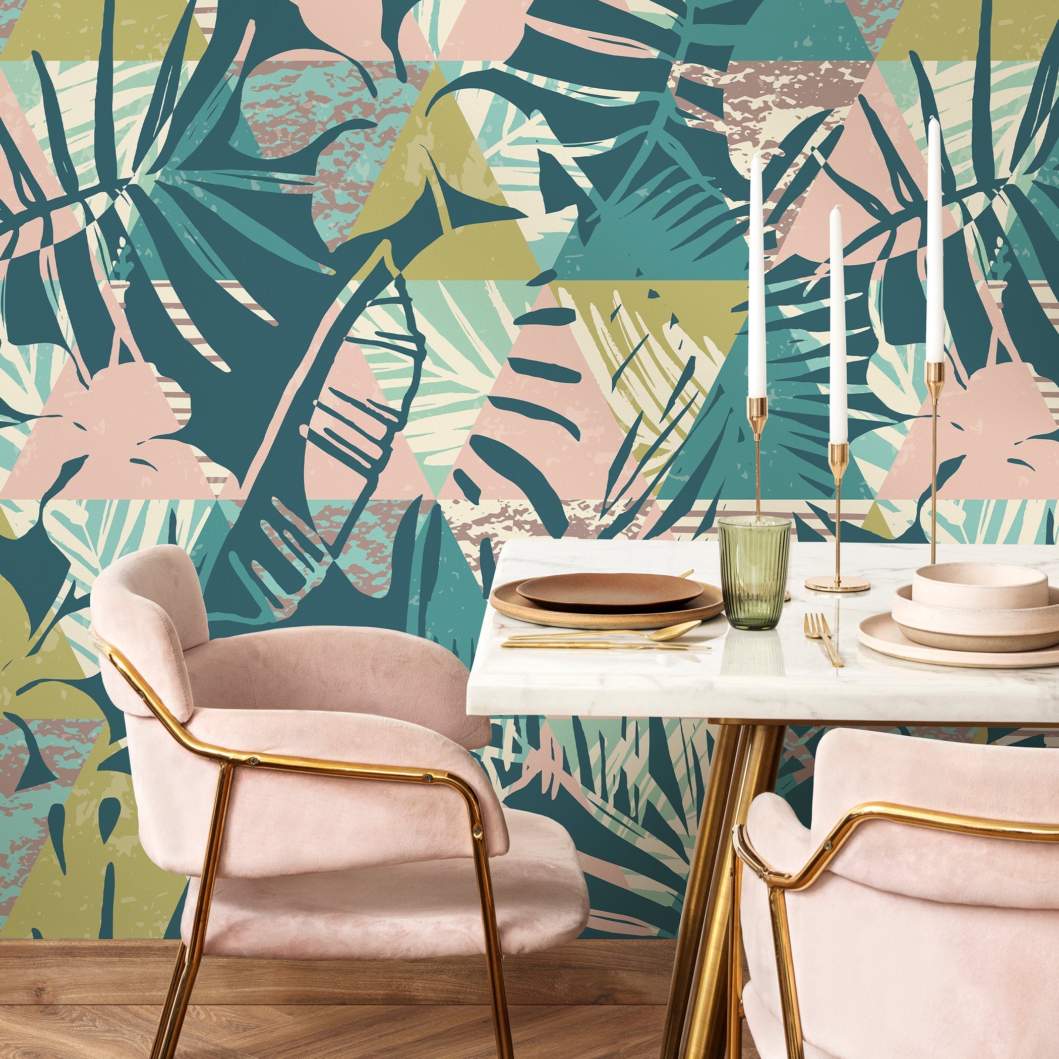 Abstract Tropical Wallpaper With Geometric Foliage In Teal, Pink, And Green - A893