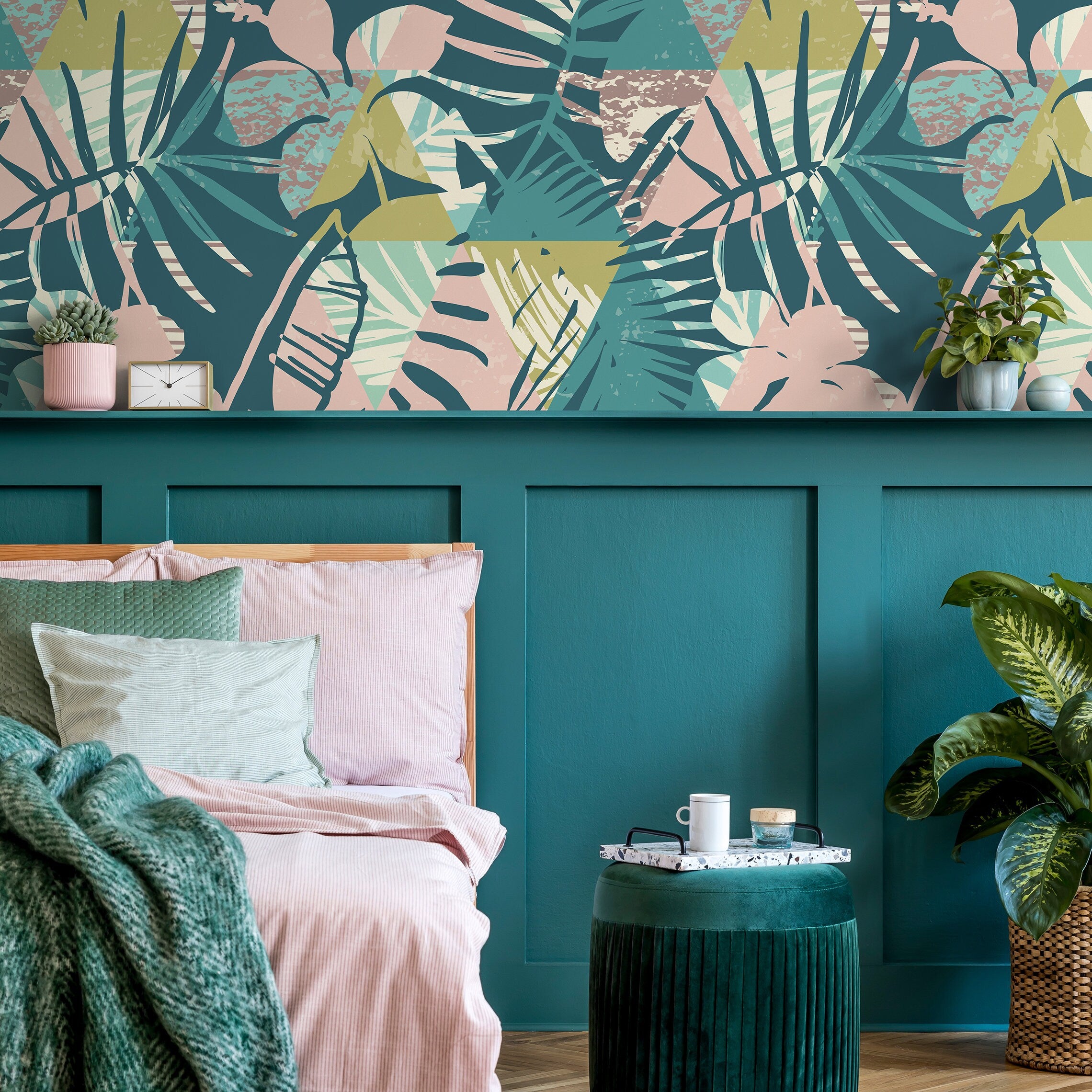 Abstract Tropical Wallpaper With Geometric Foliage In Teal, Pink, And Green - A893