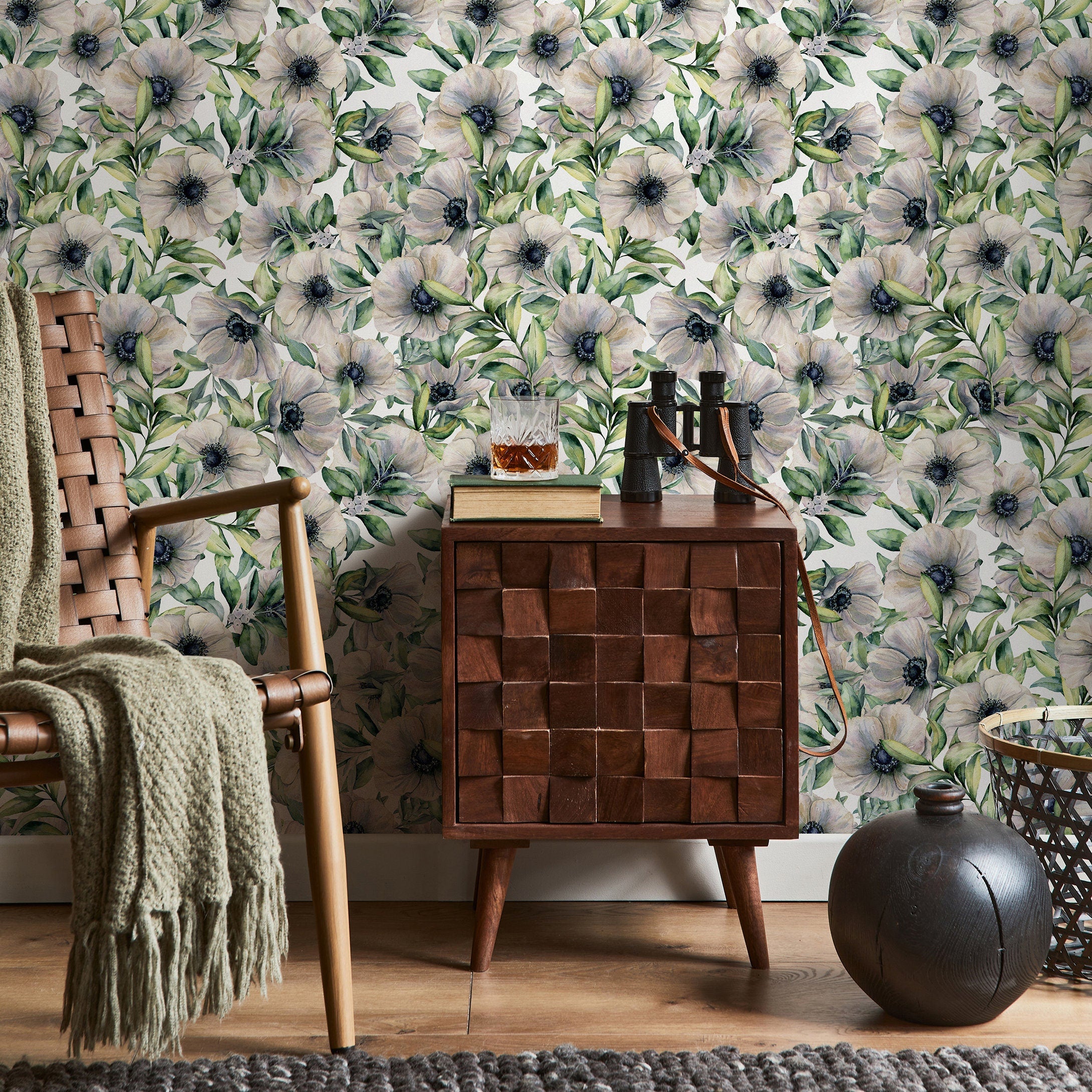 Floral Wallpaper With A Watercolor Anemone Motif In Gray, Green, And Black - A907